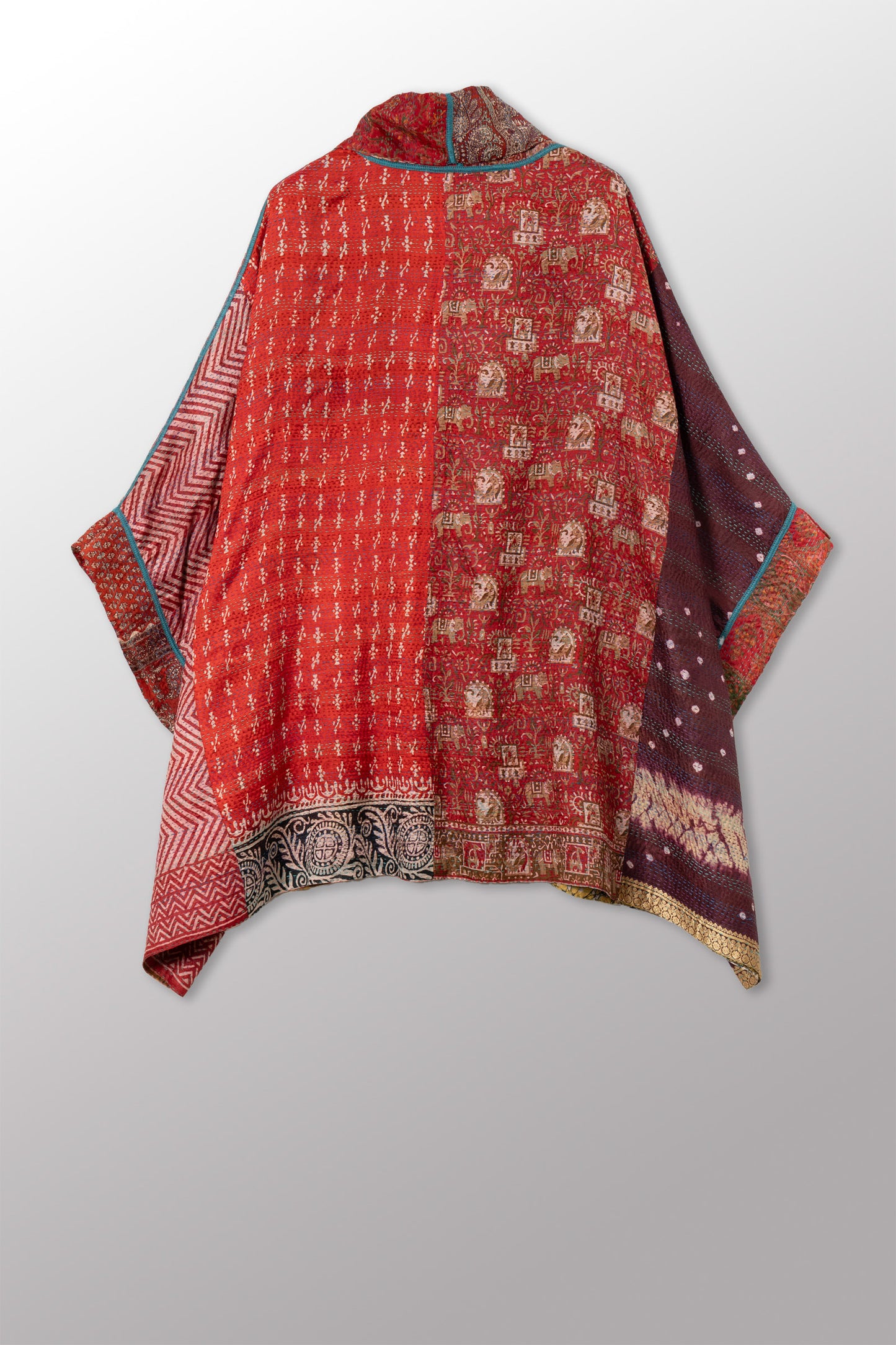 VINTAGE SILK KANTHA DOUBLE COLLAR PONCHO - sv2323-0024a -