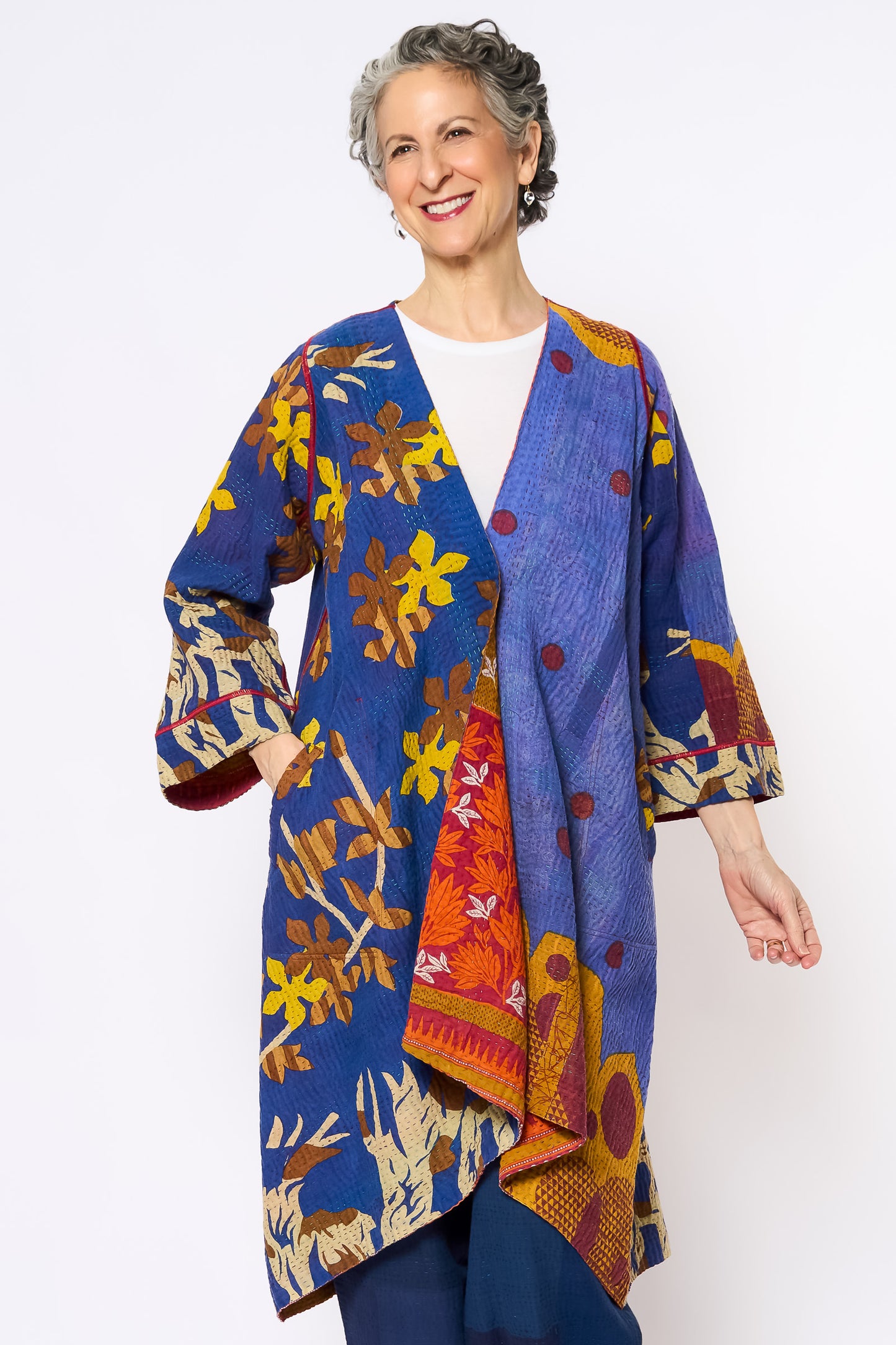 VINTAGE COTTON KANTHA WRAP FLARE COAT - cv4330-0027a -