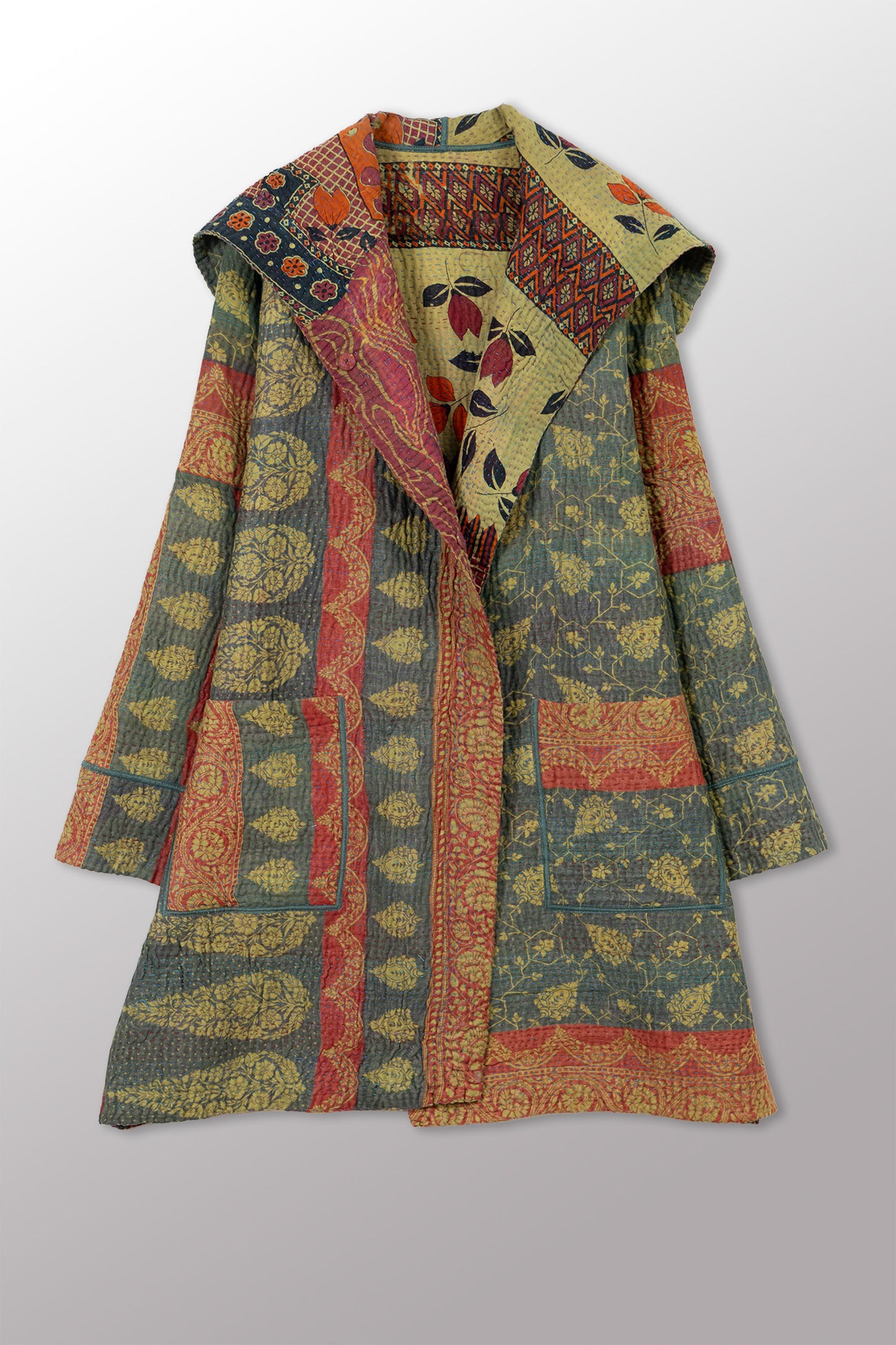 COTTON OVERDYE KANTHA POCKET MEDIUM COAT - ov4316-cgrn001m -