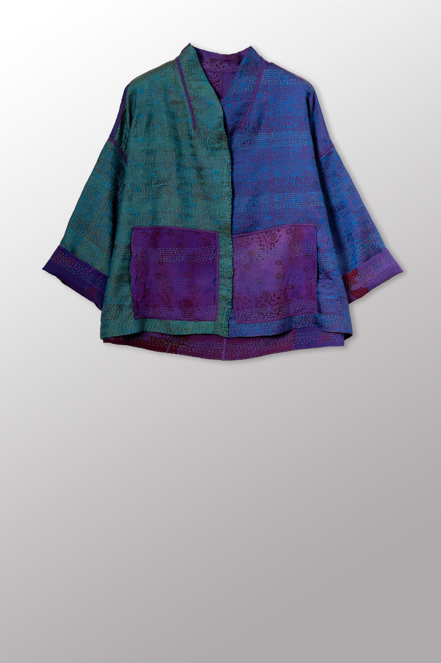 GEORGETTE JACQUARD VINTAGE SILK PATCH KANTHA STAND COLLAR CROPPED JACKET - gj2034-0001a -