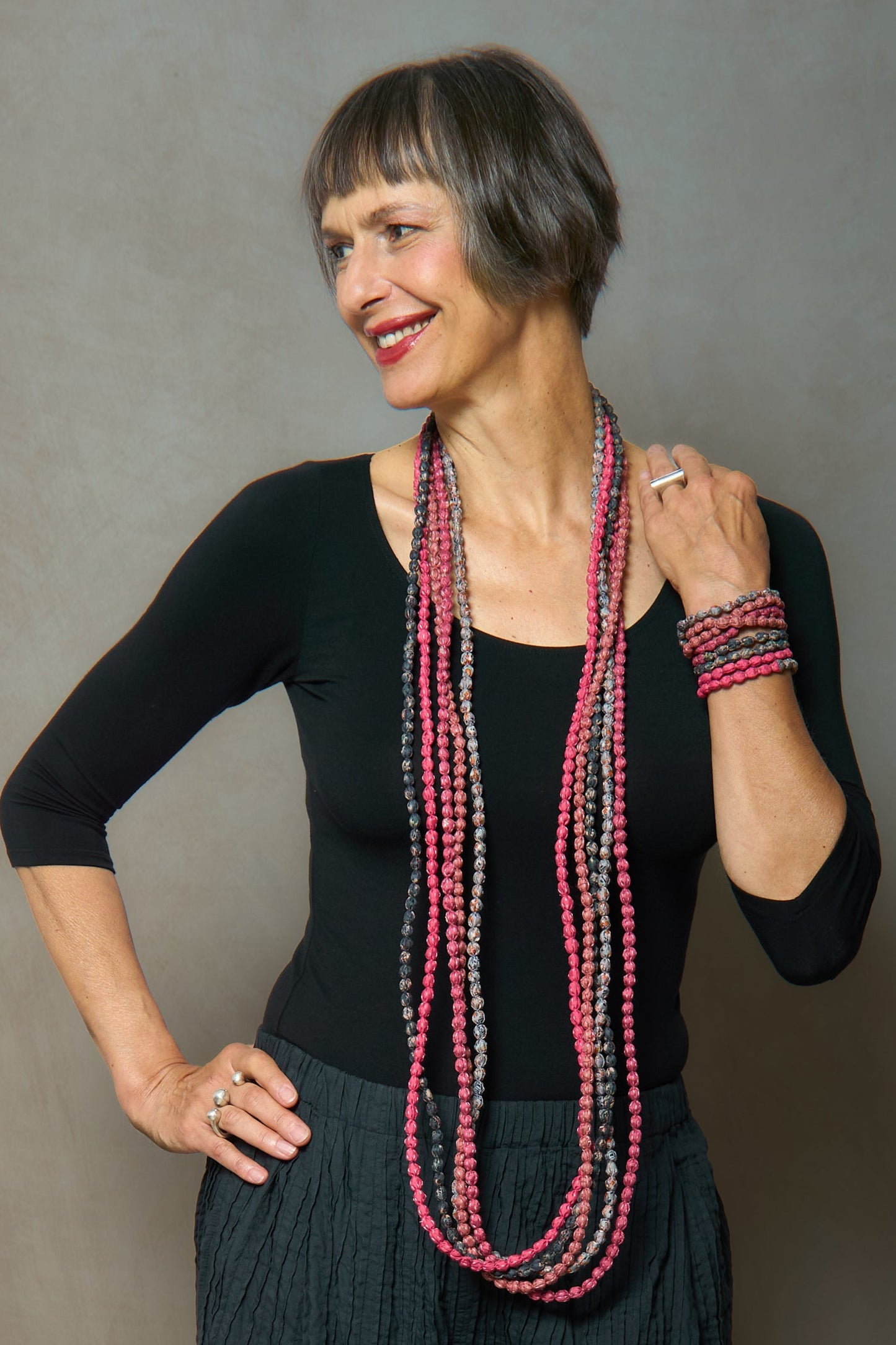 VINTAGE SILK KANTHA 5 STRAND NECKLACE - sv2730-pik -