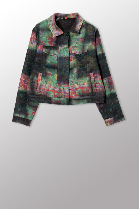 VINTAGE COTTON GREY CLAMP TIE DYE KANTHA TRUCKR JACKET - su4091-0001m -