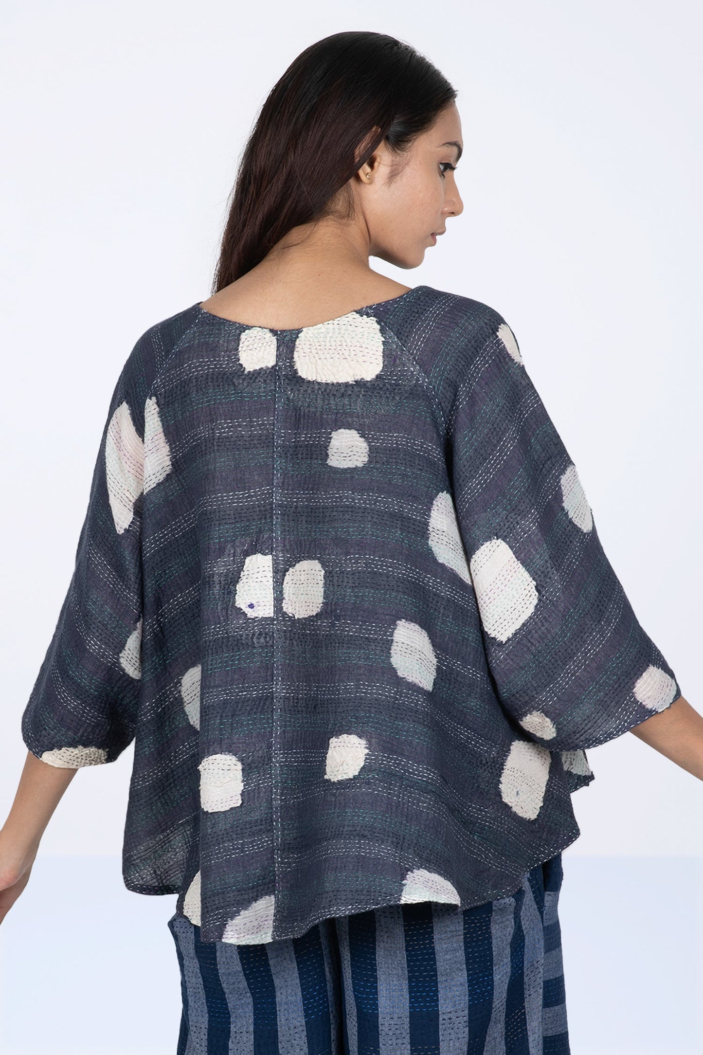 CUT THROUGH DOT AND HOLES KANTHA PUFF SLV. FLARE SHORT TOP - cd2544-blu -