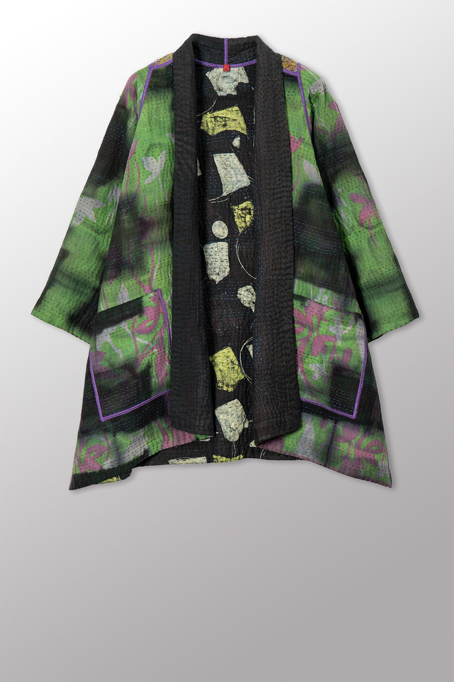 VINTAGE COTTON GREY CLAMP TIE DYE KANTHA A-LINE JACKET - su4003-0003s -