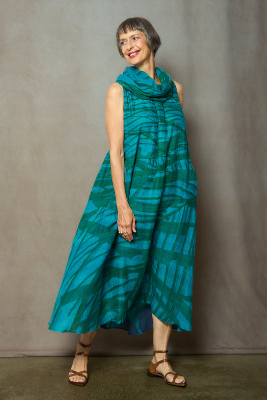 MARIGOLD PRINT WITH OVERDYE KANTHA COWL NECK MAXI DRESS - ov-mg2438-tuq -