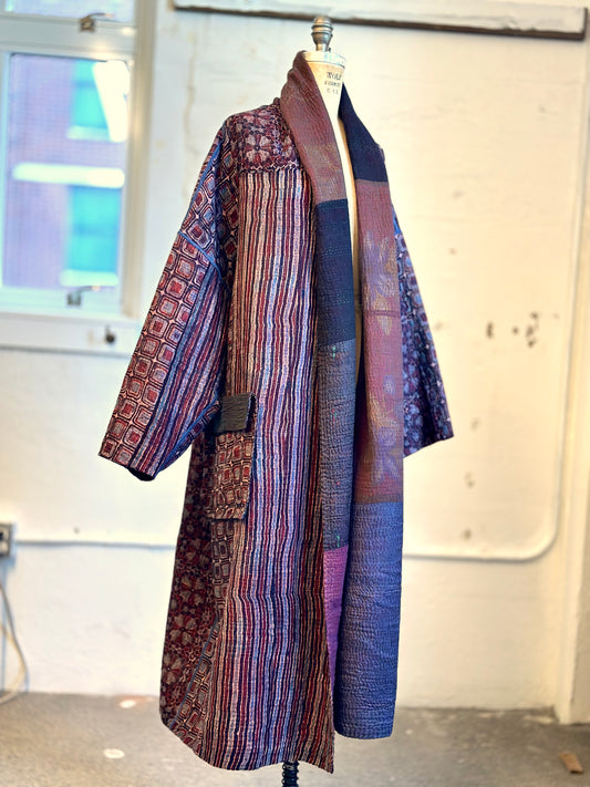 AJRAKH PRINT AND SILK COTTON PATCH KANTHA NEW SHAWL POCKET COAT LONG - az4363-brn -