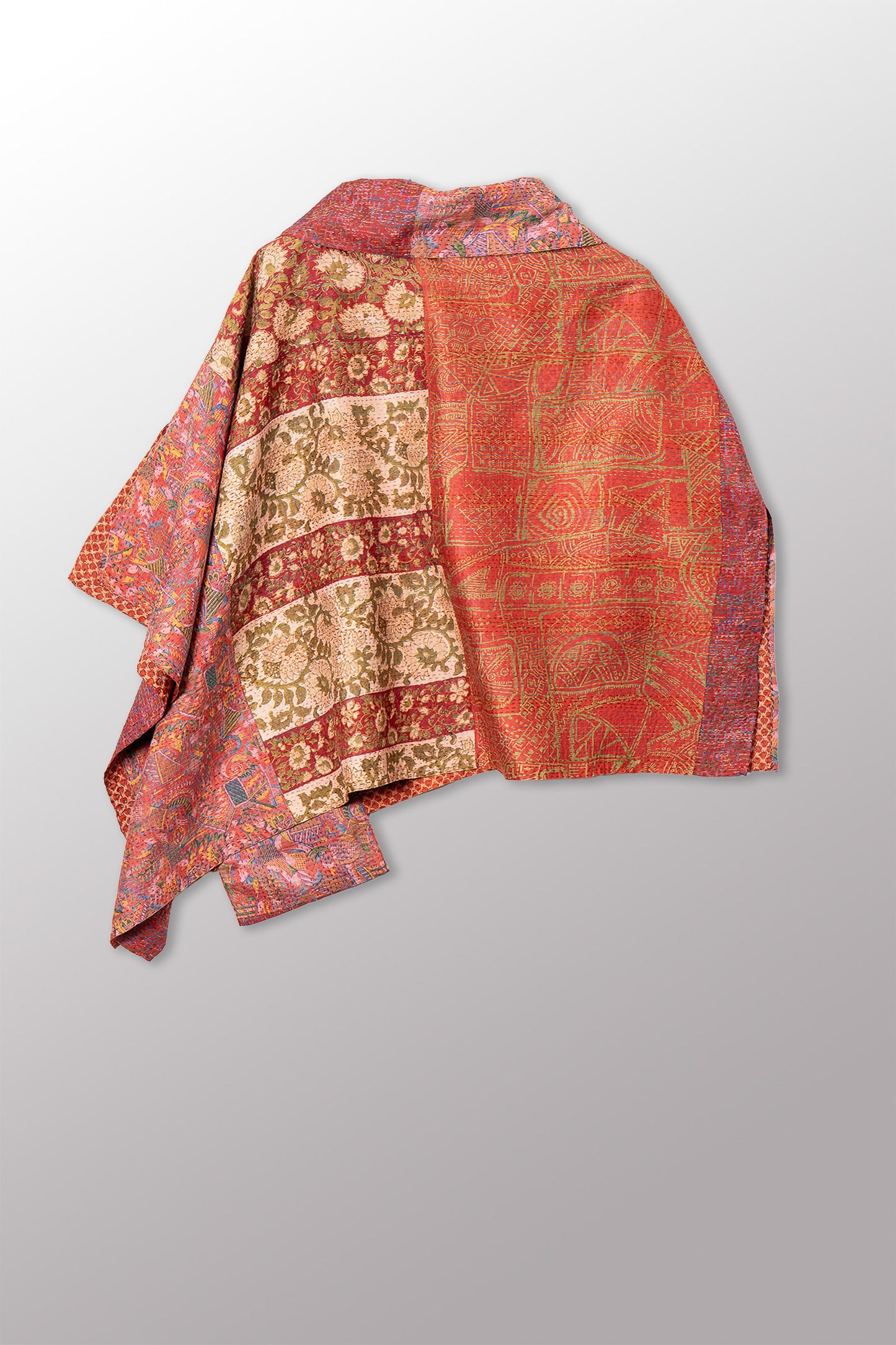 VINTAGE SILK KANTHA COWL NECK LONG CAPE - sv2842-0014a -