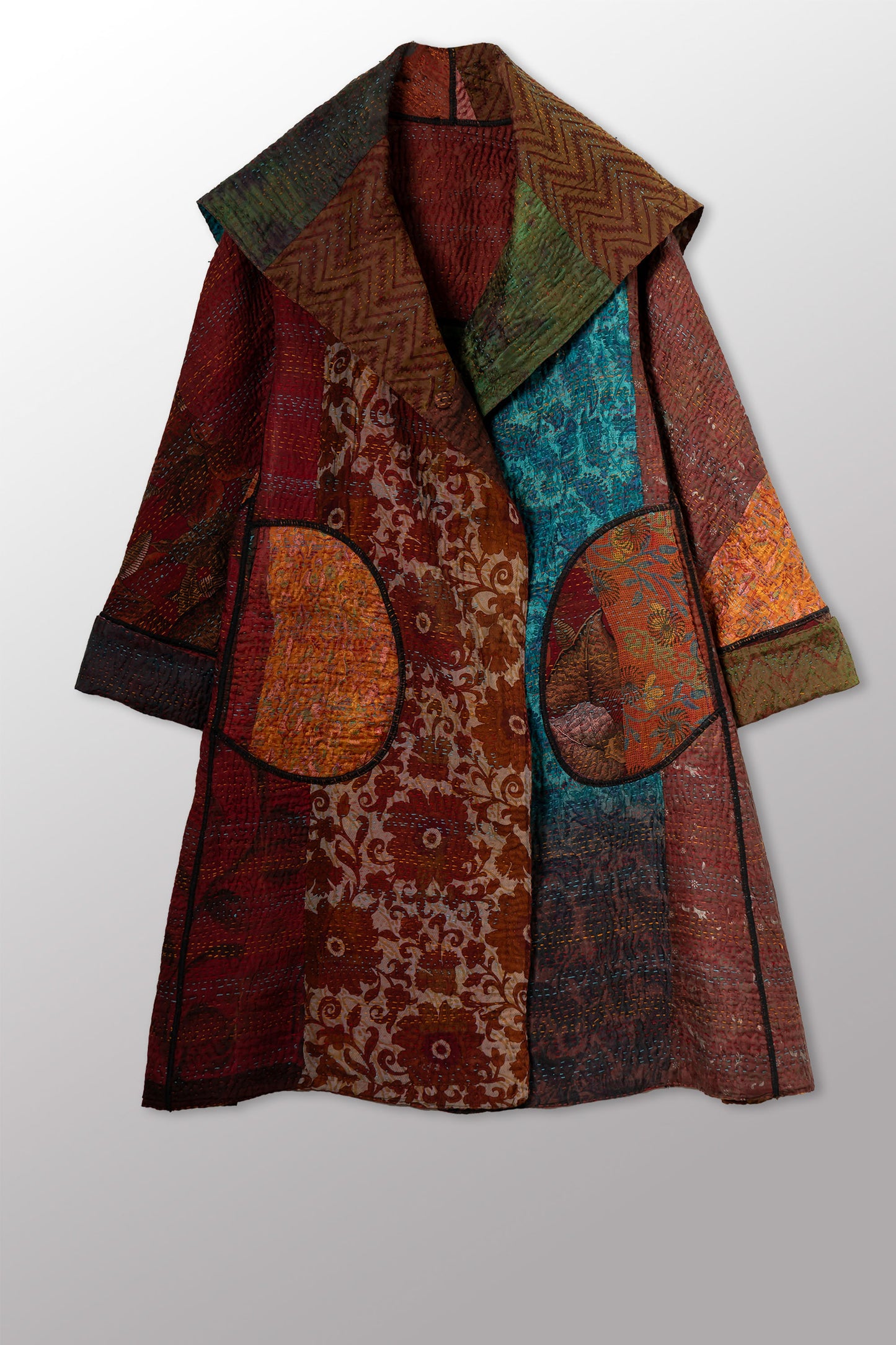JACQUARD SILK KANTHA A-LINE COAT - js4309-cbrn001a -