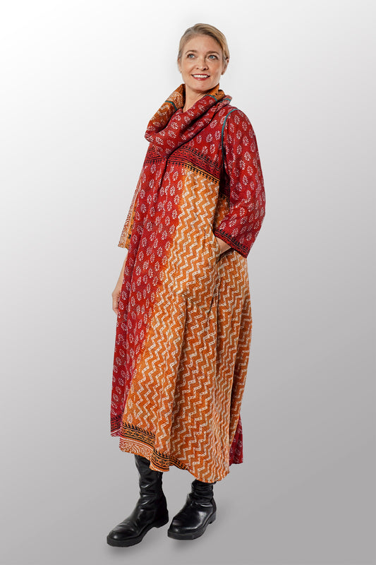 VINTAGE SILK GEORGETTE KANTHA COWL NECK LONG SLEEVE DRESS - sg2450-0004s -