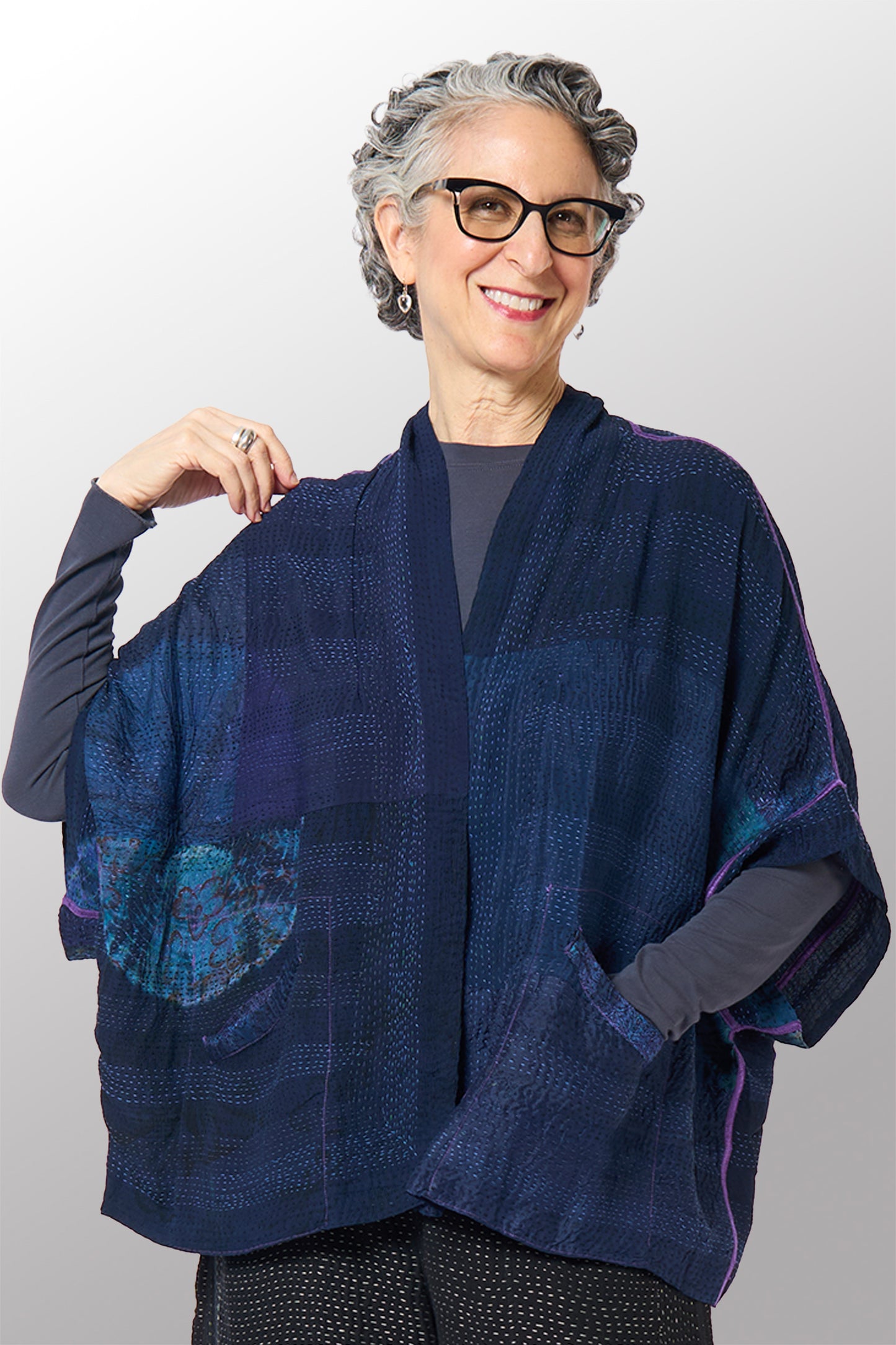 SHIBORI TIE DYE GEORGETTE VINTAGE SILK PATCH KANTHA MINI PONCHO - st-gs2060-nvy -