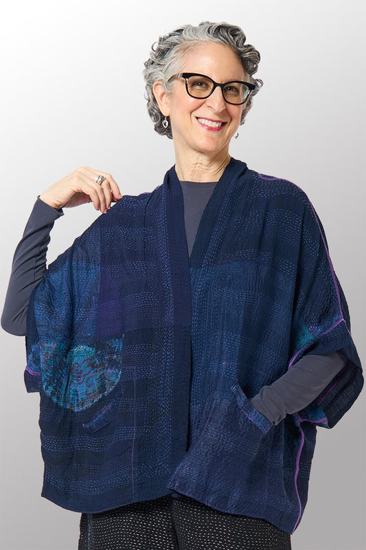SHIBORI TIE DYE GEORGETTE VINTAGE SILK PATCH KANTHA MINI PONCHO - st-gs2060-nvy -