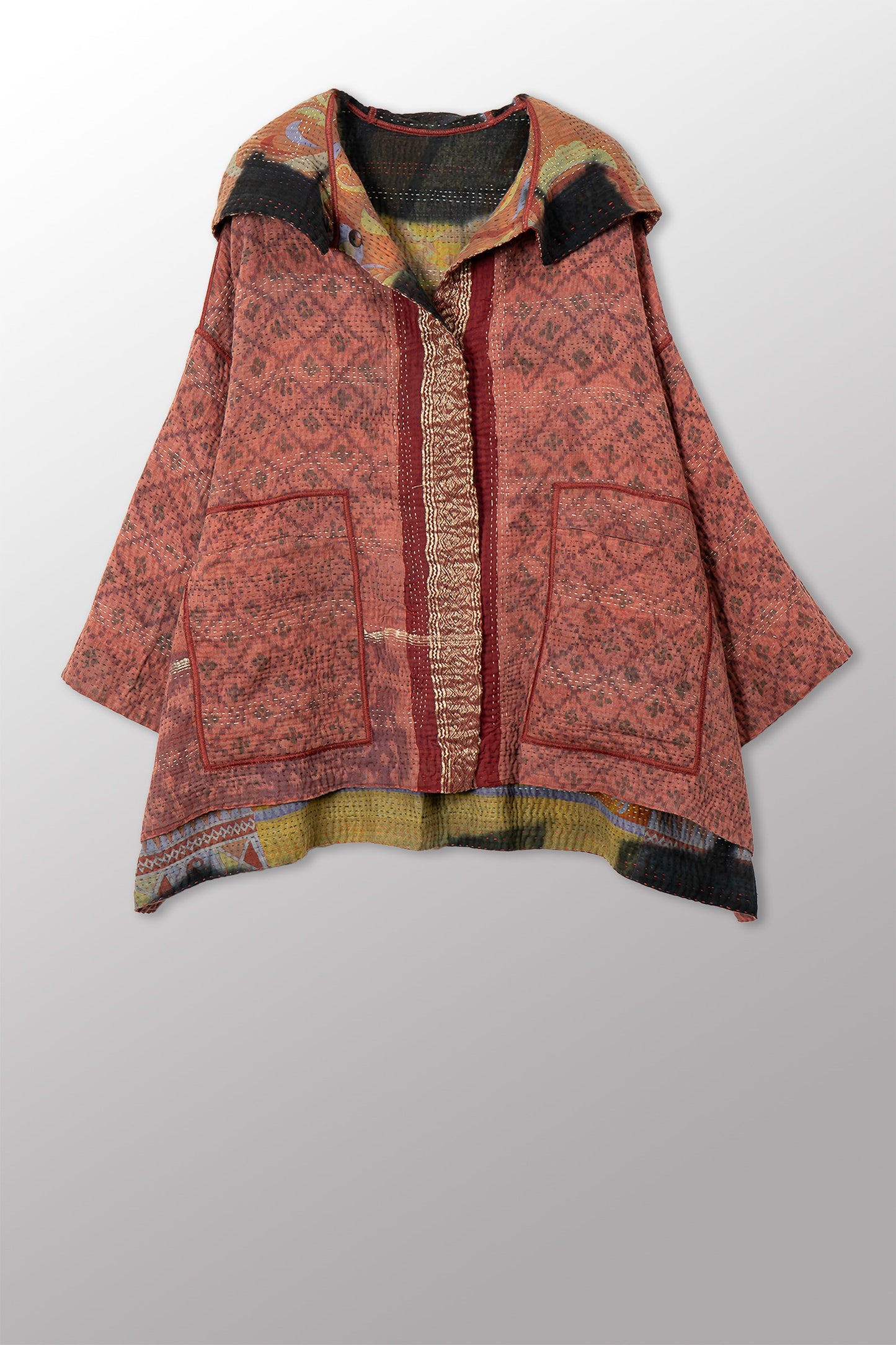 VINTAGE COTTON GREY CLAMP TIE DYE KANTHA HOODIE PONCHO - su4064-0001a -