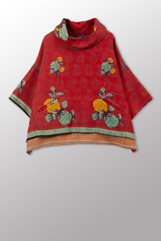 VINTAGE COTTON KANTHA COWL NECK PONCHO - cv4061-0038a -