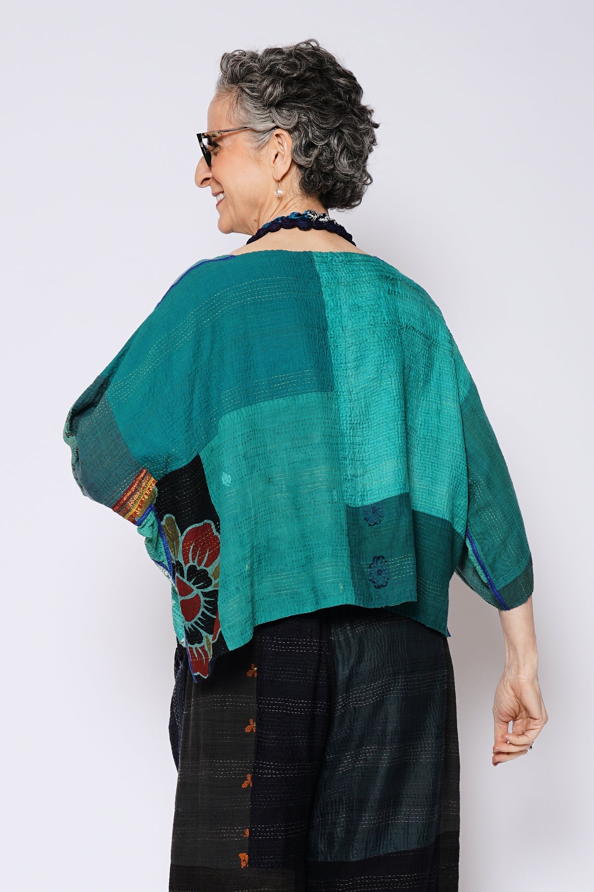 COTTON SILK SW PATCH KANTHA 3/4 SLV. CROP TOP - ws2528-tel -
