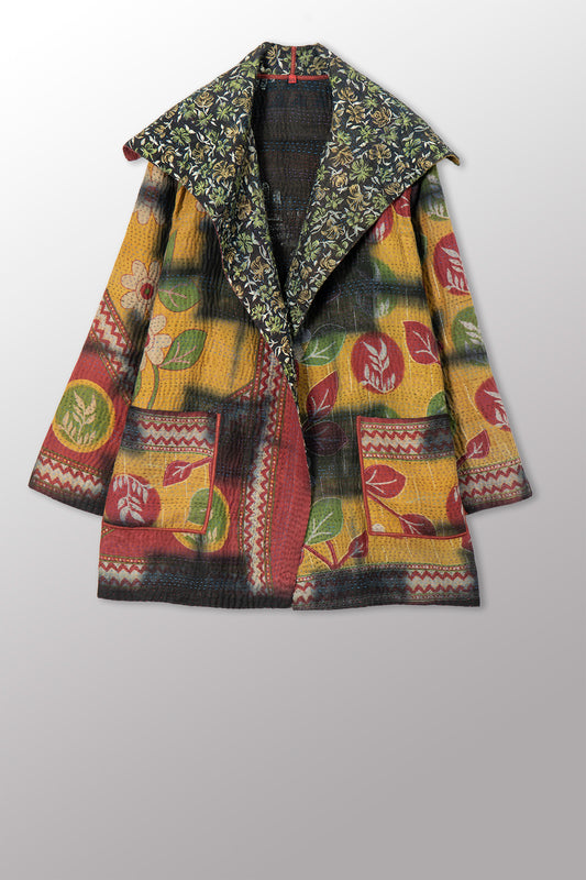 VINTAGE COTTON GREY CLAMP TIE DYE KANTHA POCKET JACKET - su4002-0001a -