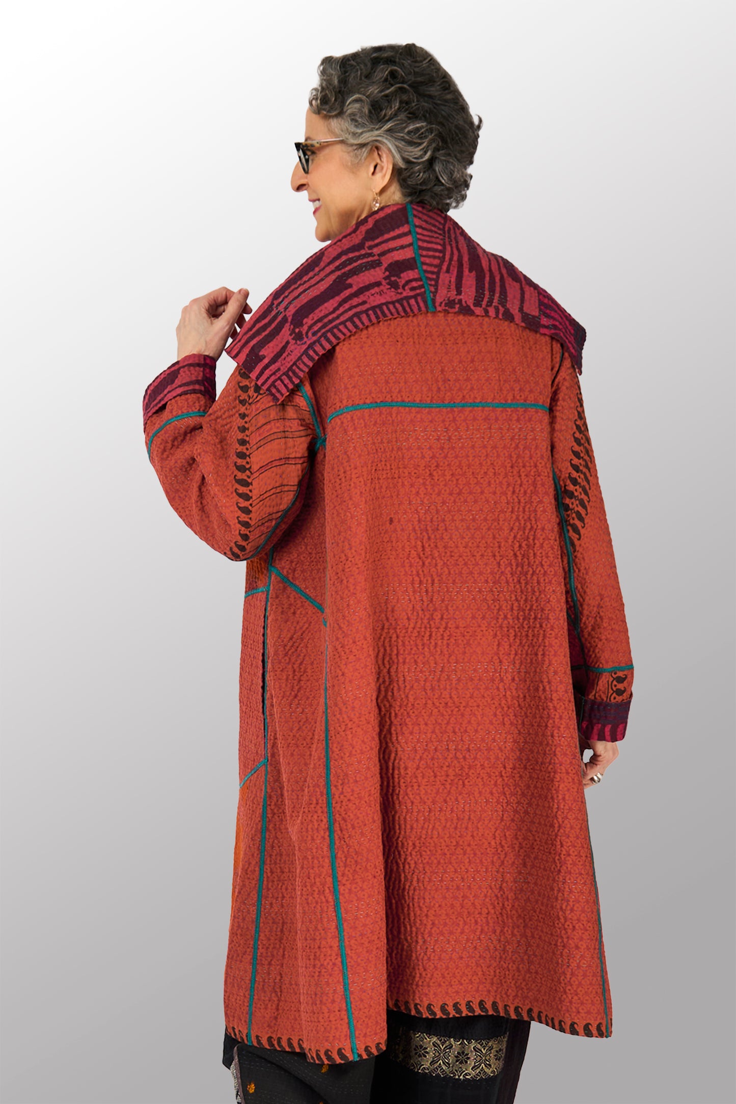 COTTON OVERDYE KANTHA A-LINE COAT - ov4309-cred002a -