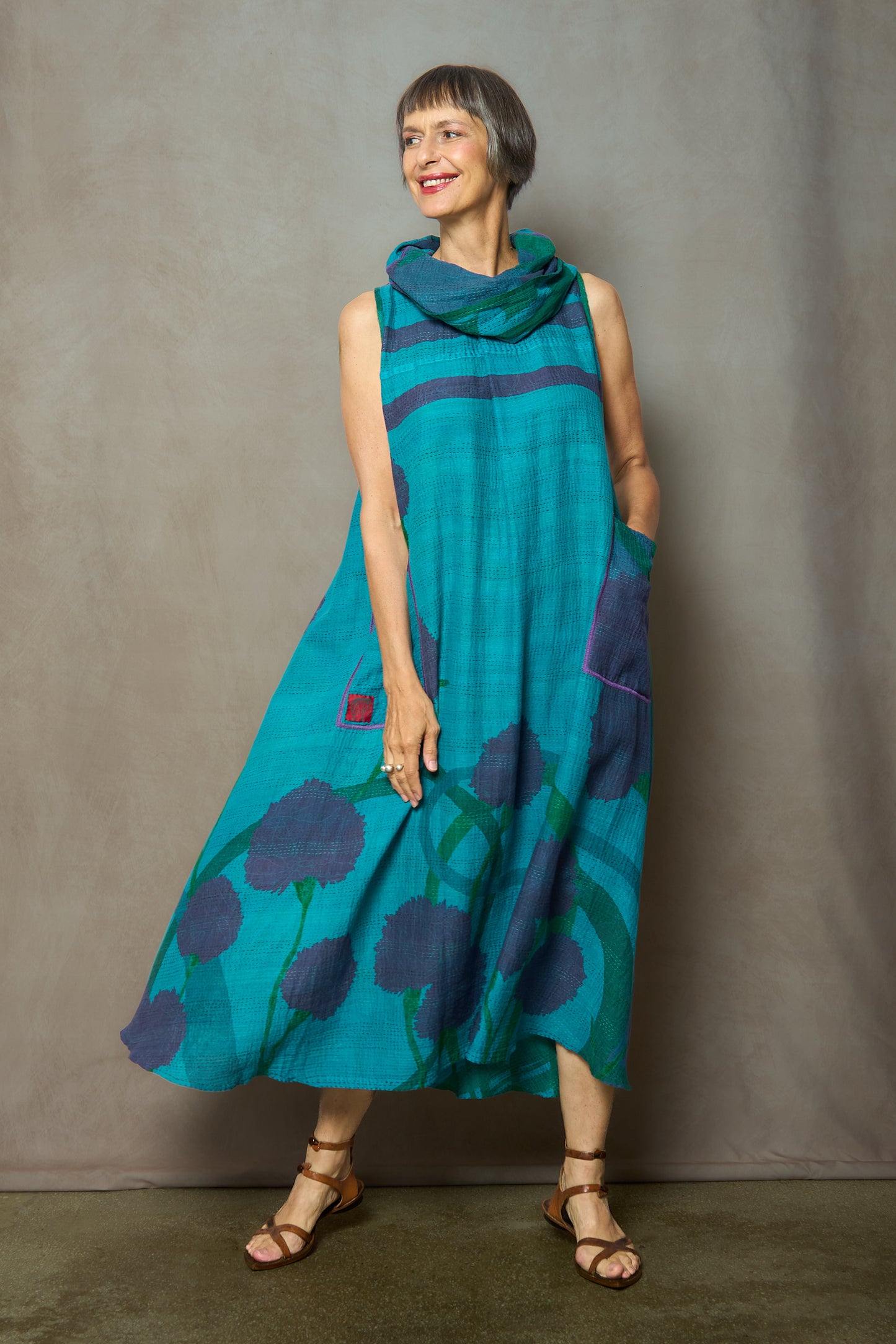 MARIGOLD PRINT WITH OVERDYE KANTHA COWL NECK MAXI DRESS - ov-mg2438-tuq -