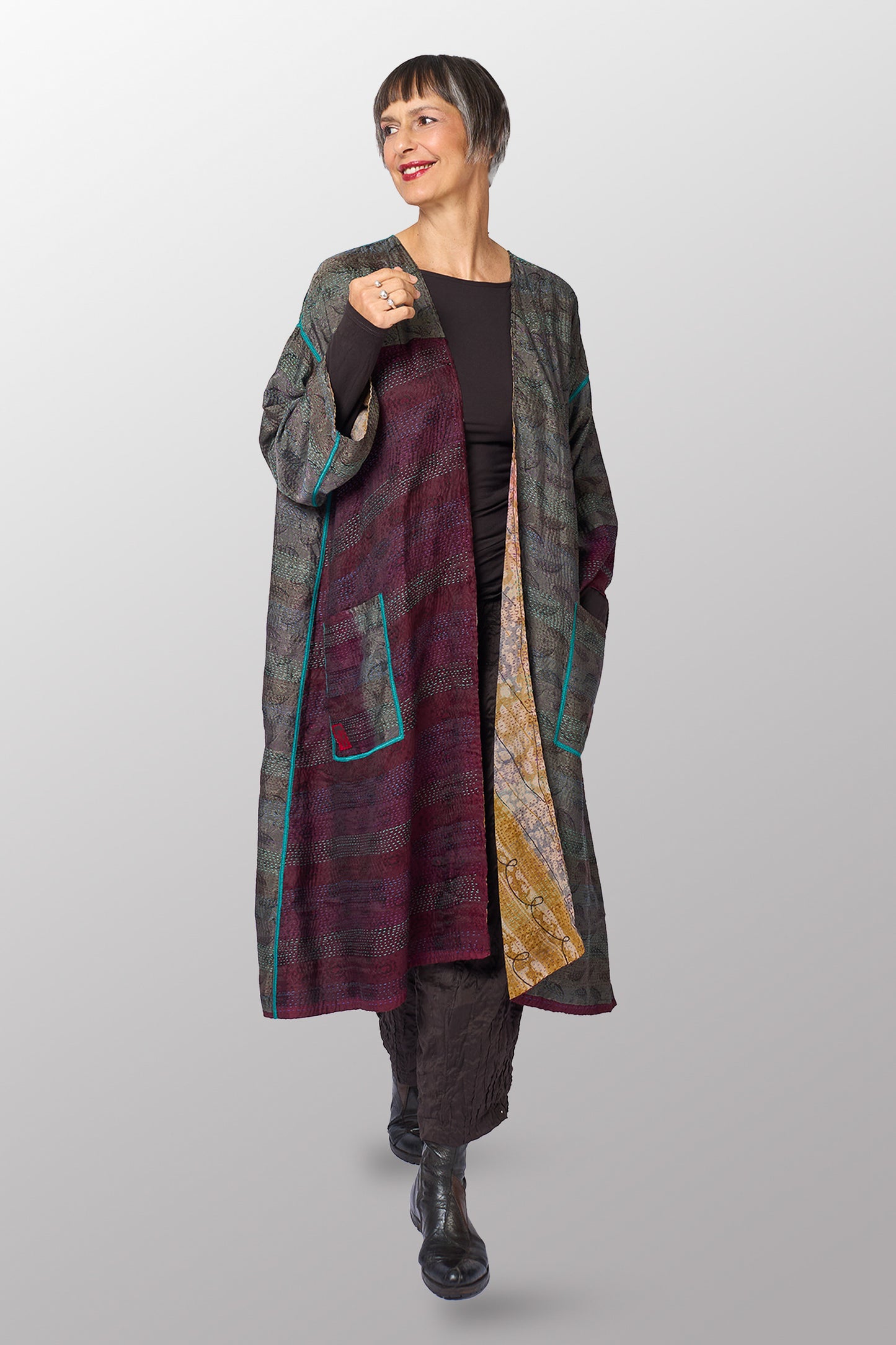 GEORGETTE JACQUARD VINTAGE SILK PATCH KANTHA LONG DUSTER - gj2328-0001a -