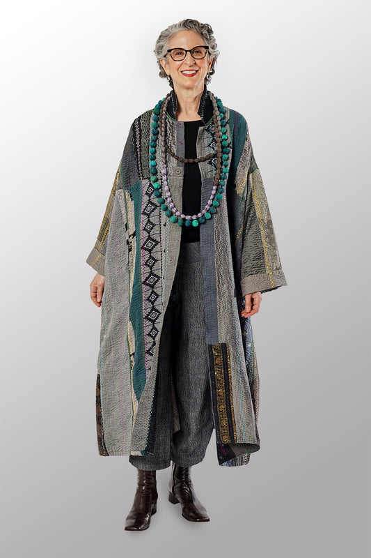JEWEL WOVEN WITH VERTICAL PATCH KANTHA OVERSIZED COAT - jv4326-gry -