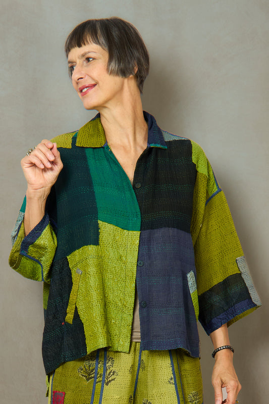 MARBLE FRAY PATCH KANTHA CROPPED TENT SHIRT - mf2596-grn -