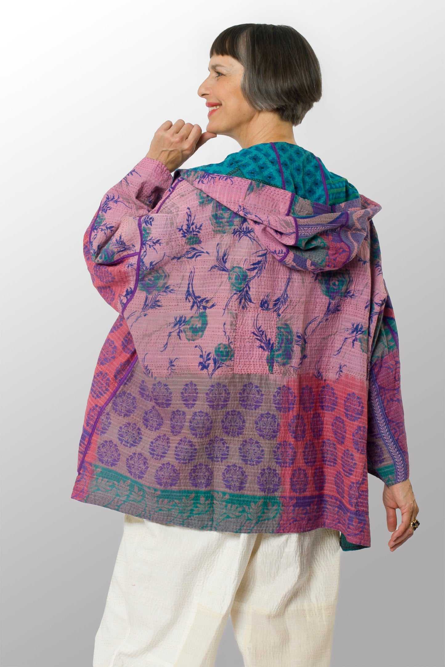 COTTON OVERDYE KANTHA HOODIE PONCHO - ov2064-ctel001a -
