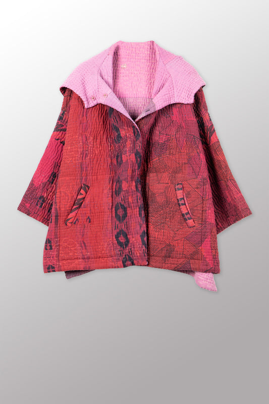 QUILTED OVERDYE COTTON KANTHA HOODIE PONCHO - oq5064-cred003a -