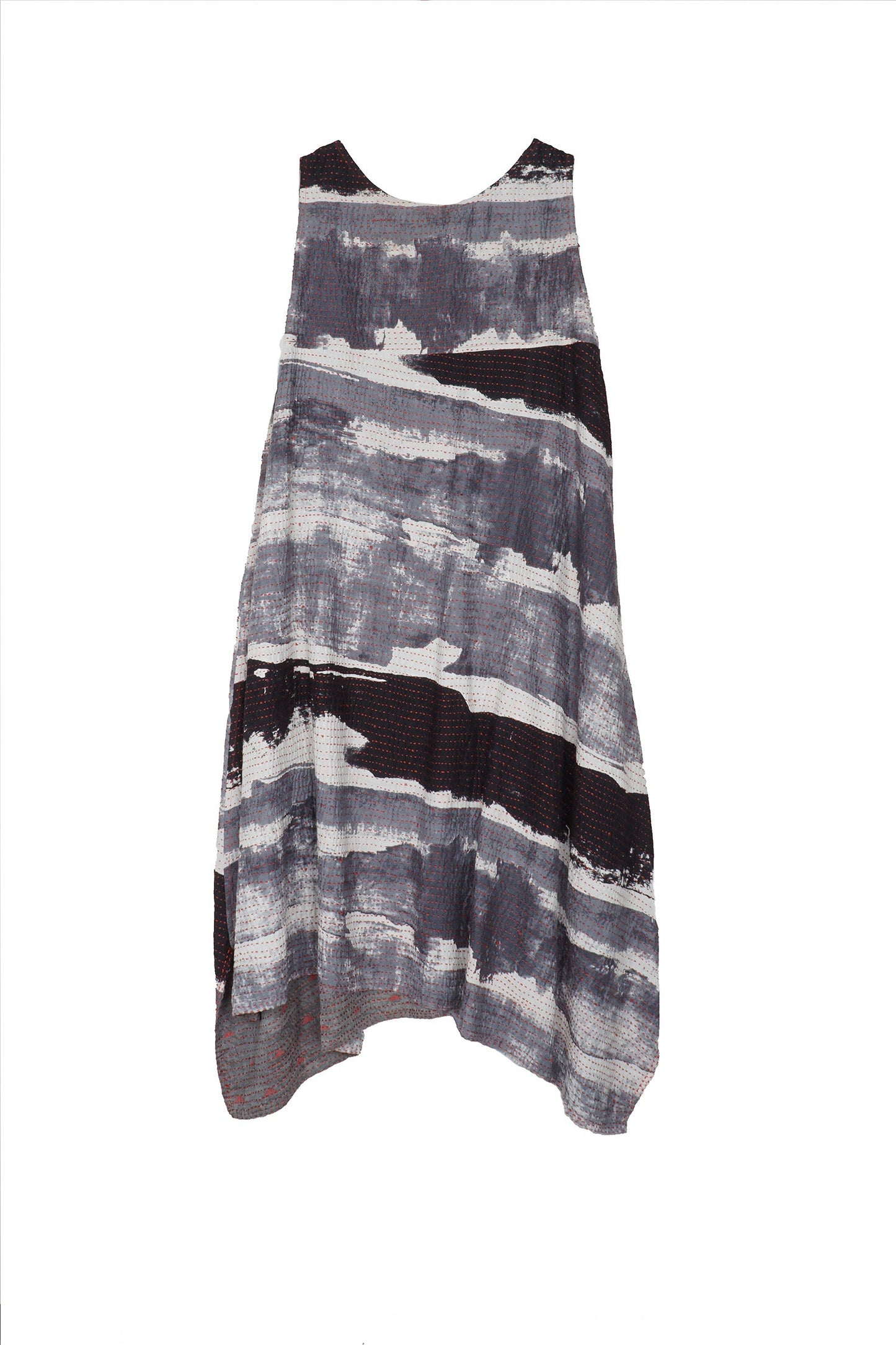 PLANK PRINT KANTHA POINTY HEM DRESS - lb2415-gry -