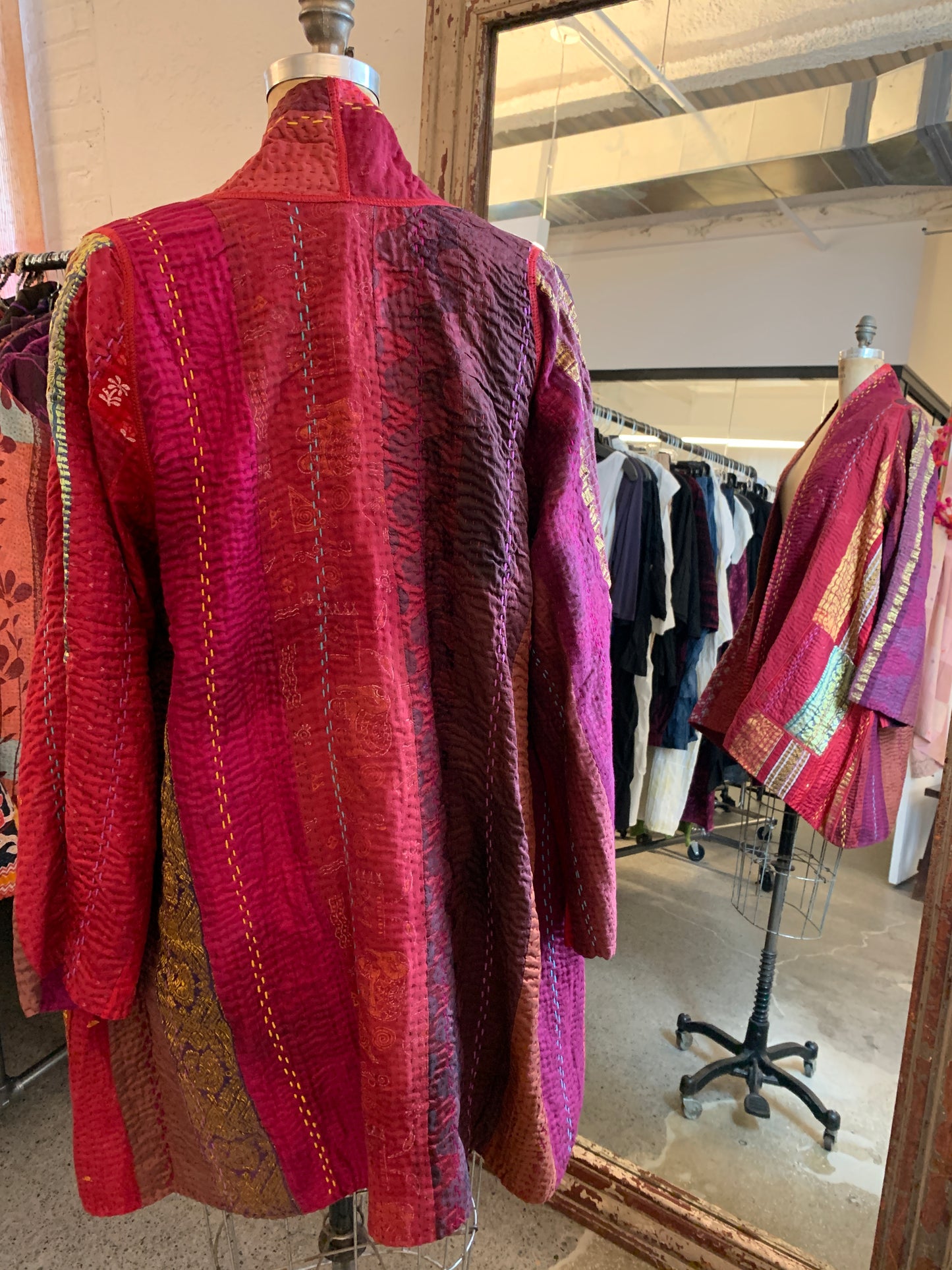 JEWEL WOVEN WITH VERTICAL PATCH KANTHA A-LINE JACKET - jv4003-red -