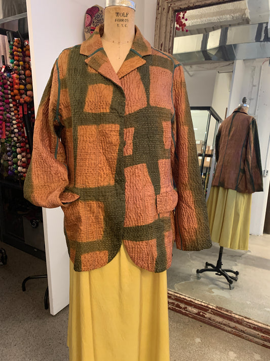 VINTAGE JACQUARD CLAMP DYE WITH PRINTED SILK KANTHA BASIC JACKET - jk4052-0001m -