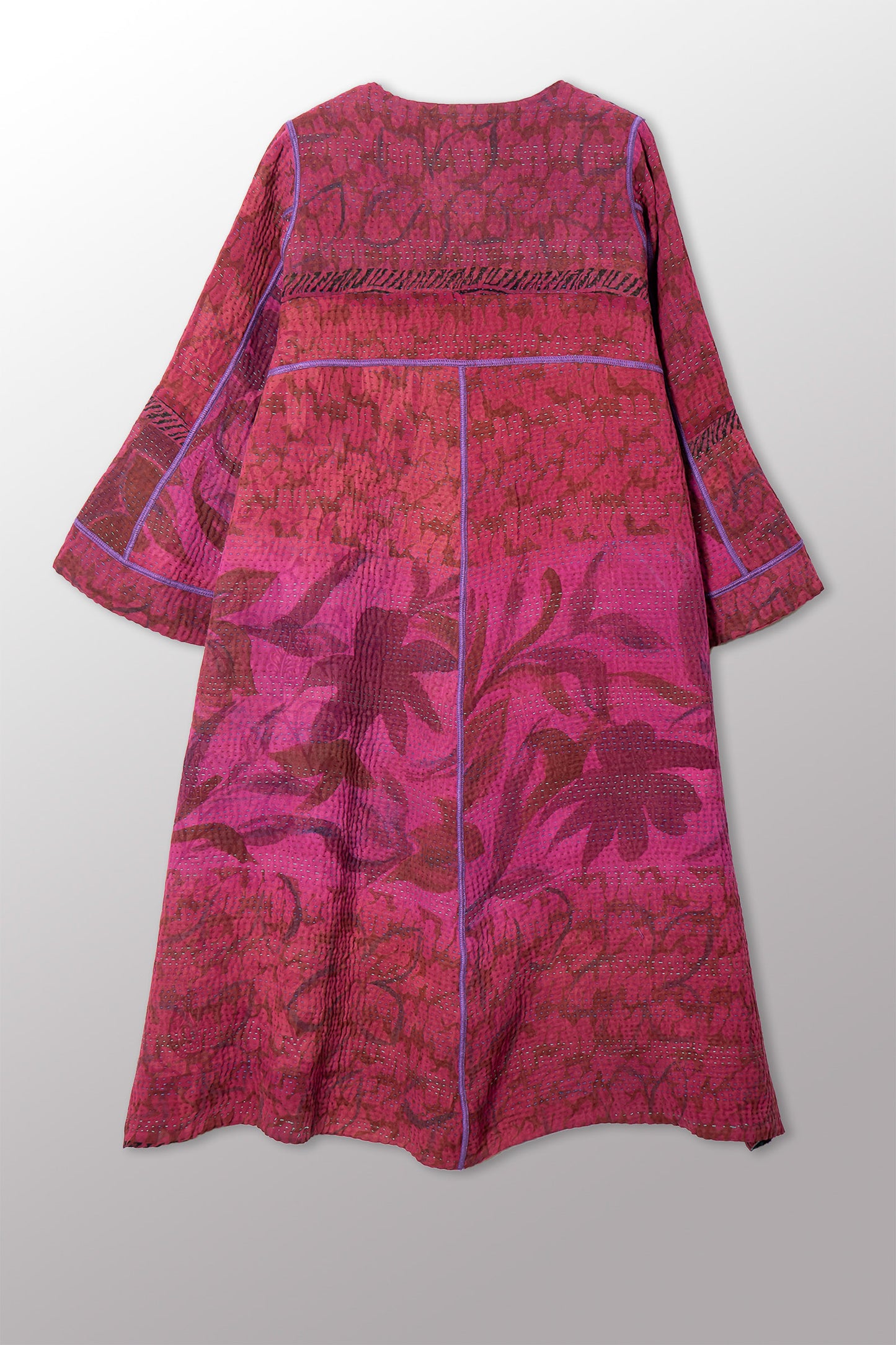 VINTAGE SILK GEORGETTE COTTON KANTHA WRAP FLARE COAT - gc4330-0001a -
