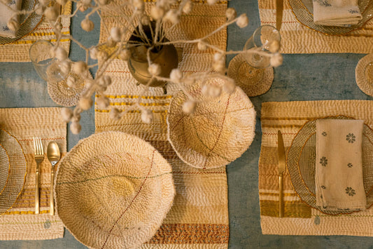 Handcrafted Kantha(metallic kantha) - Round Tray - Ivory