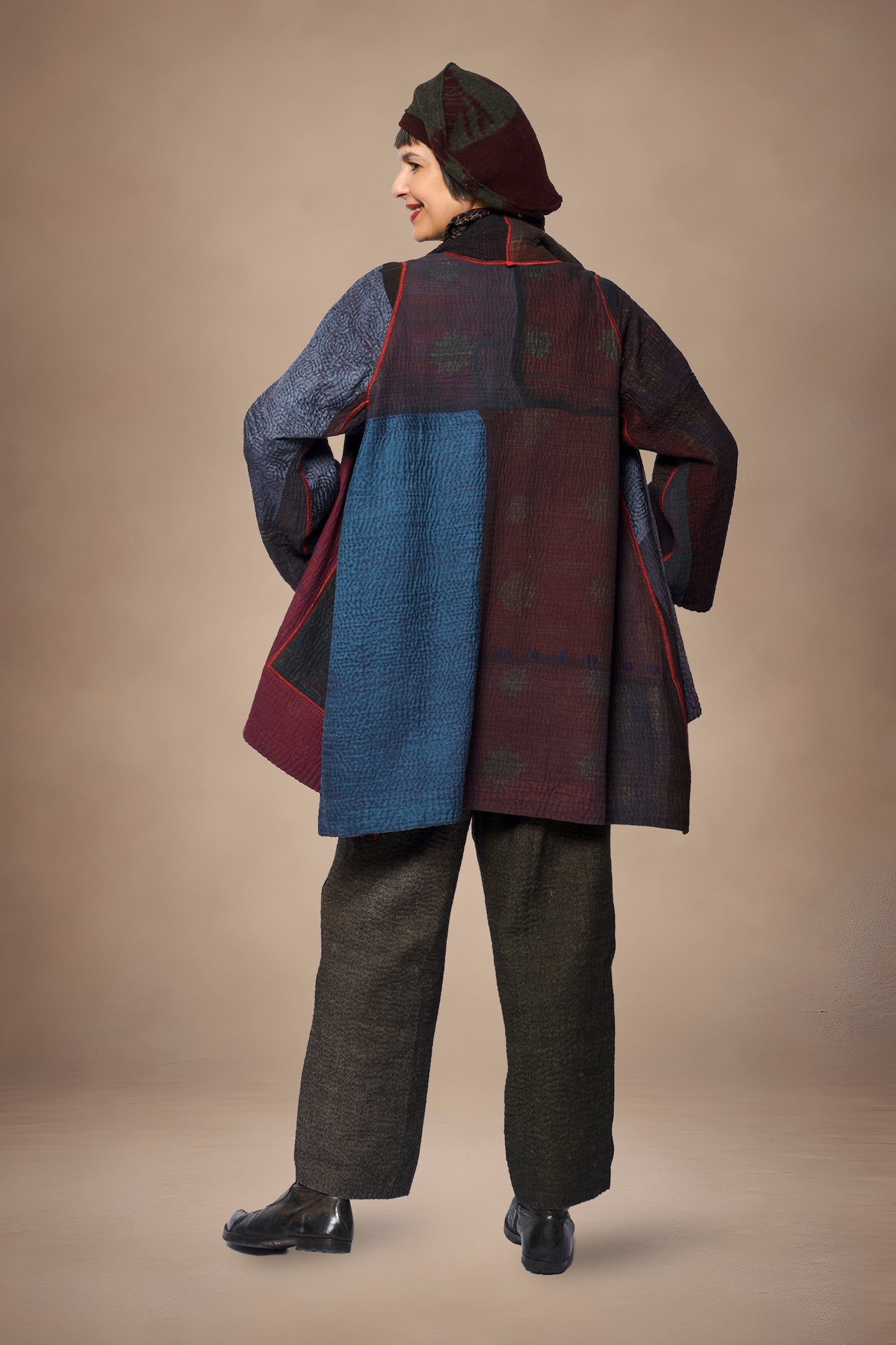 AJRAKH PRINT AND SILK COTTON PATCH KANTHA A-LINE JACKET - az4003-brn -