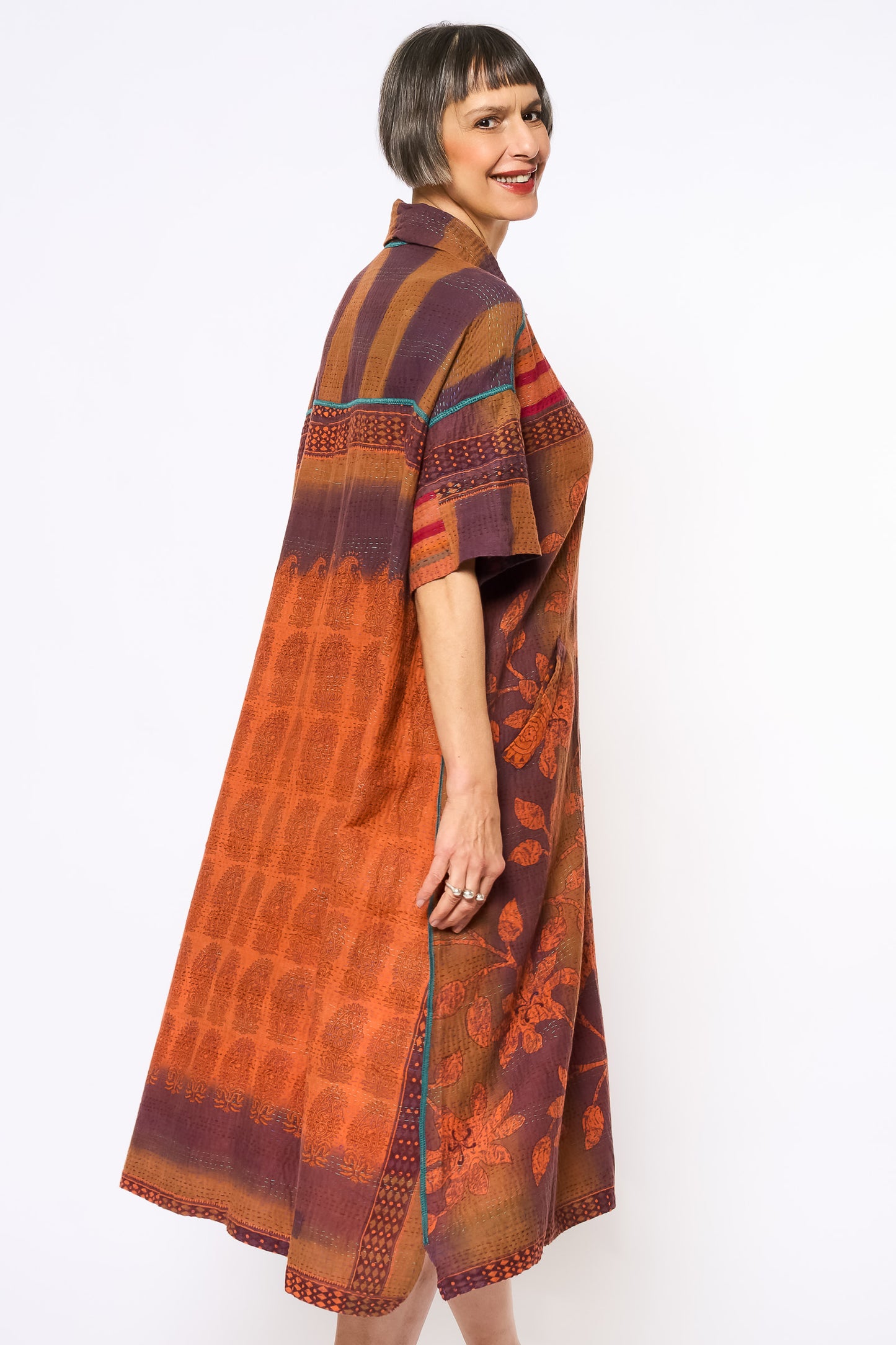 COTTON OVERDYE KANTHA WING COLLAR DRESS - ov2454-corg002a -