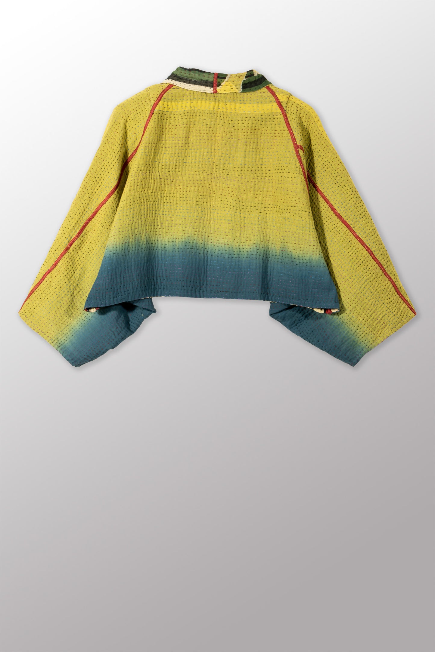 STRIPE AND BENDS KANTHA PUFF SLV. SHRUG - sb4062-grn -