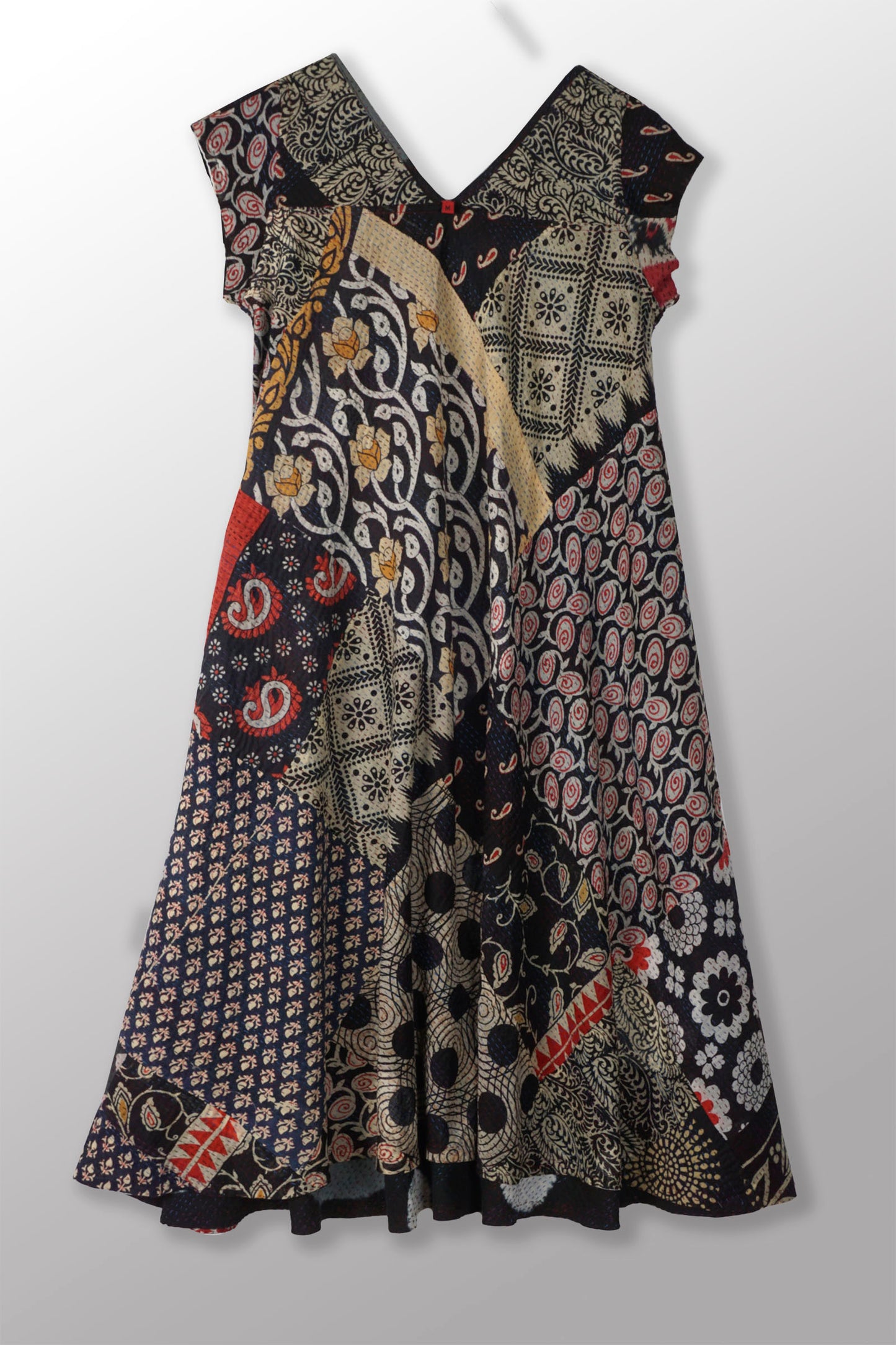 PATCH & CIRCLE PRINT KANTHA CAP SLV. FLARE DRESS - pc2425-blk -