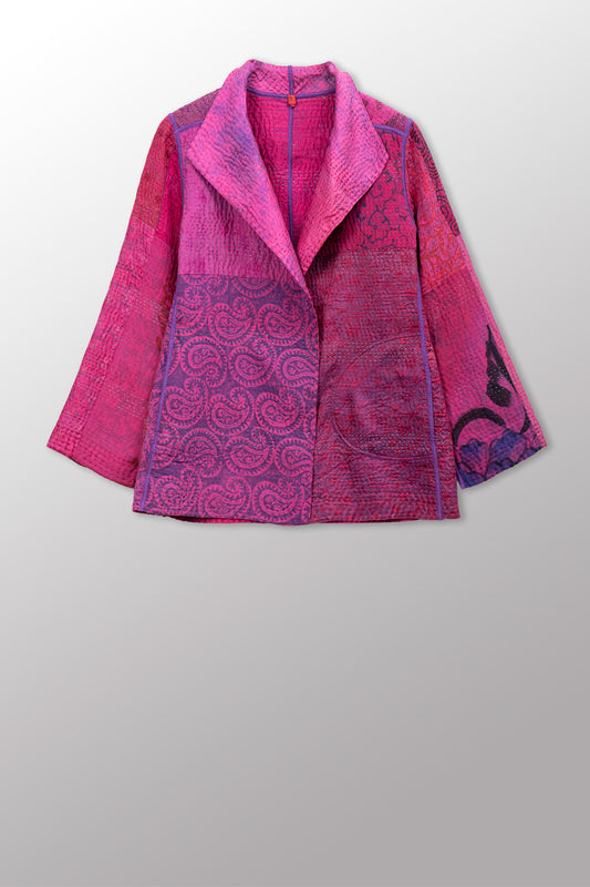 GEORGETTE JACQUARD VINTAGE SILK PATCH KANTHA SHORT JACKET - gj4007-pik -