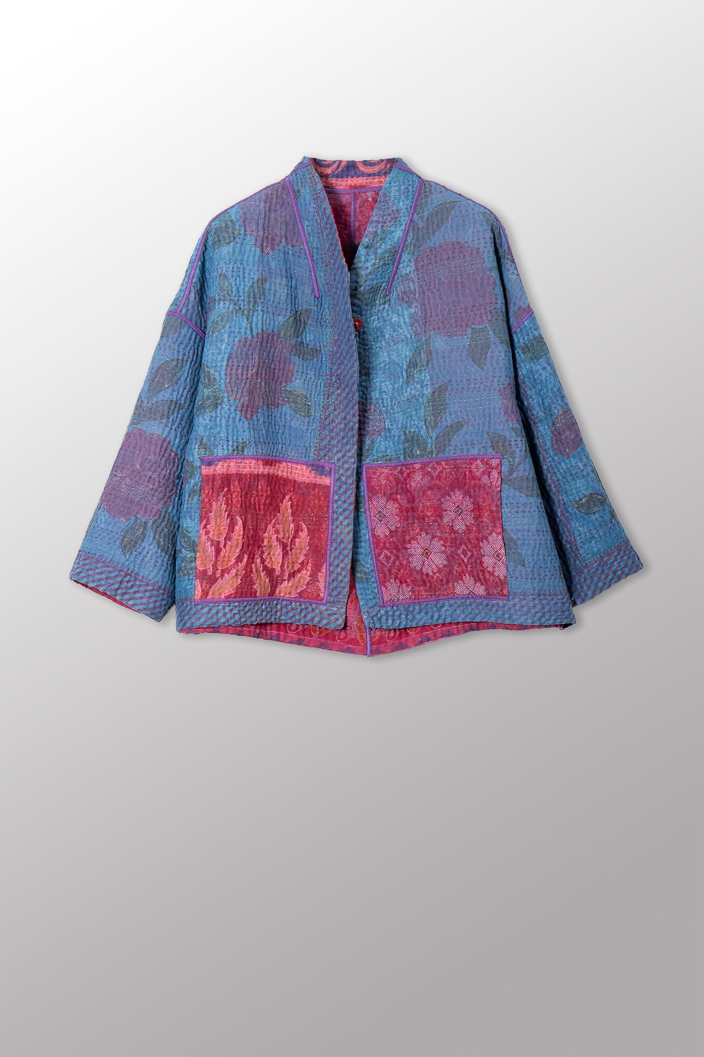 COTTON OVERDYE KANTHA STAND COLLAR CROPPED JKT - ov4034-cfus002a -