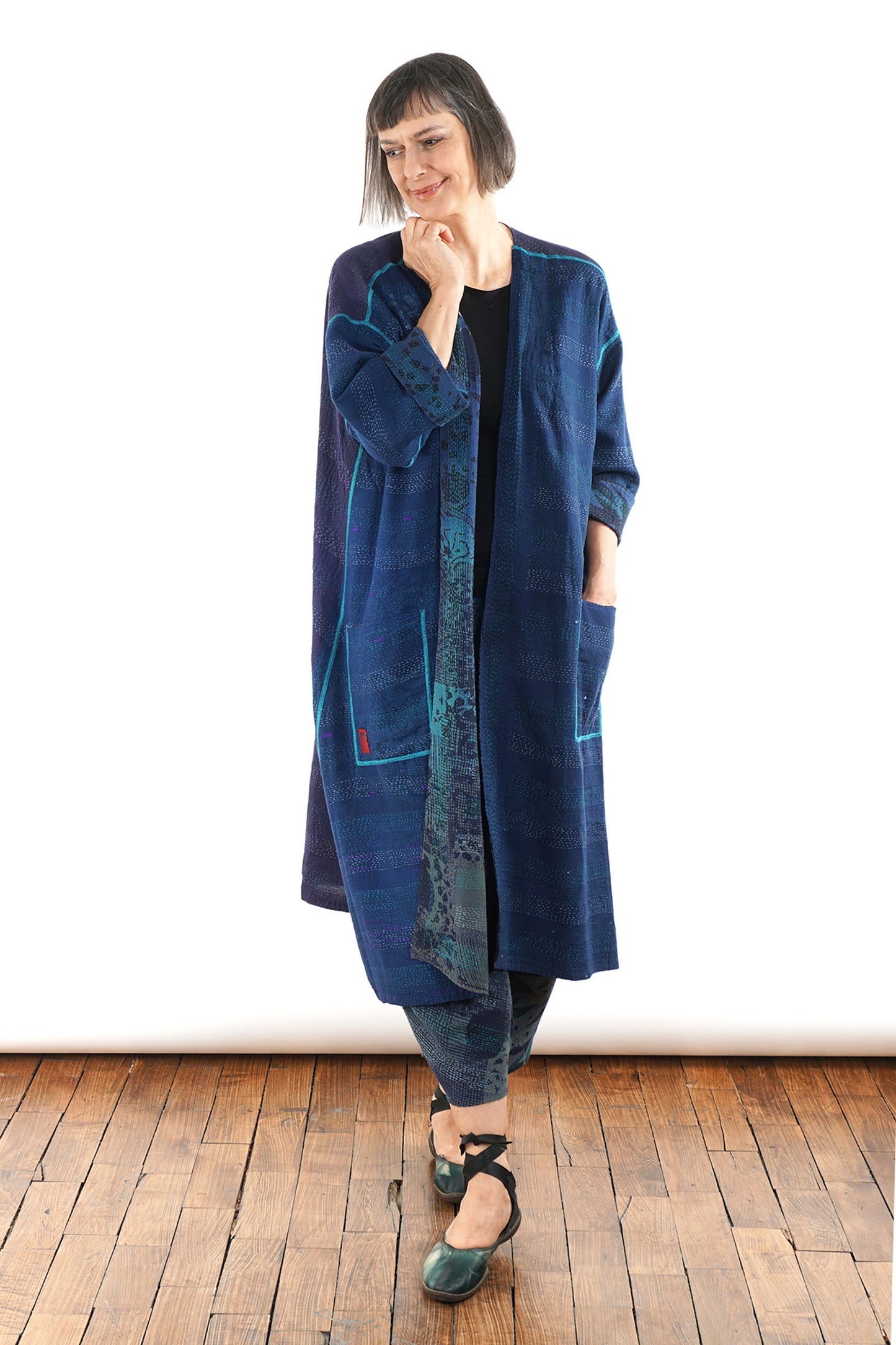 MONOTONE TWILIGHT PRINT KANTHA LONG DUSTER - tp2328-blu -