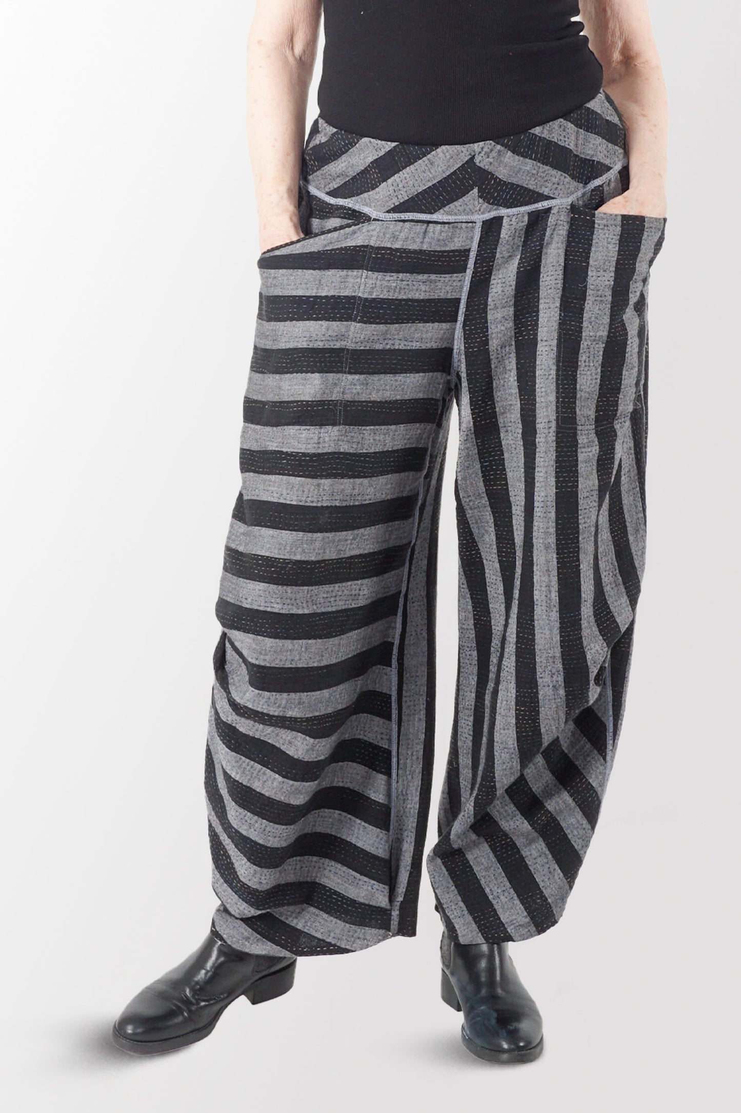 WOVEN STRIPE FRAYED PATCH BACK KANTHA KNEE TUCKED PANTS - wp2625-gry -