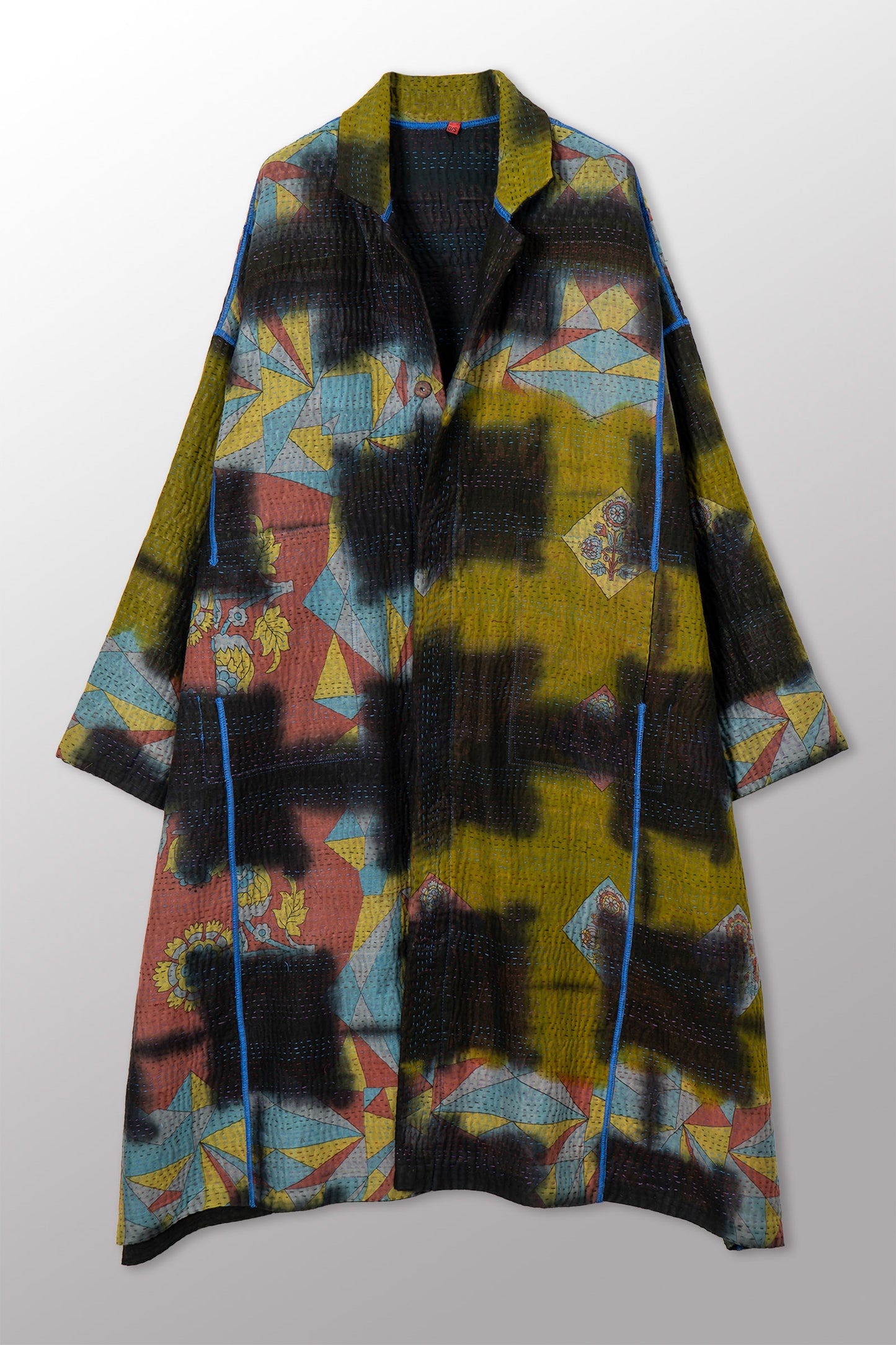 VINTAGE COTTON GREY CLAMP TIE DYE KANTHA  NEW OVERSIZED COAT - su4342-0002a -