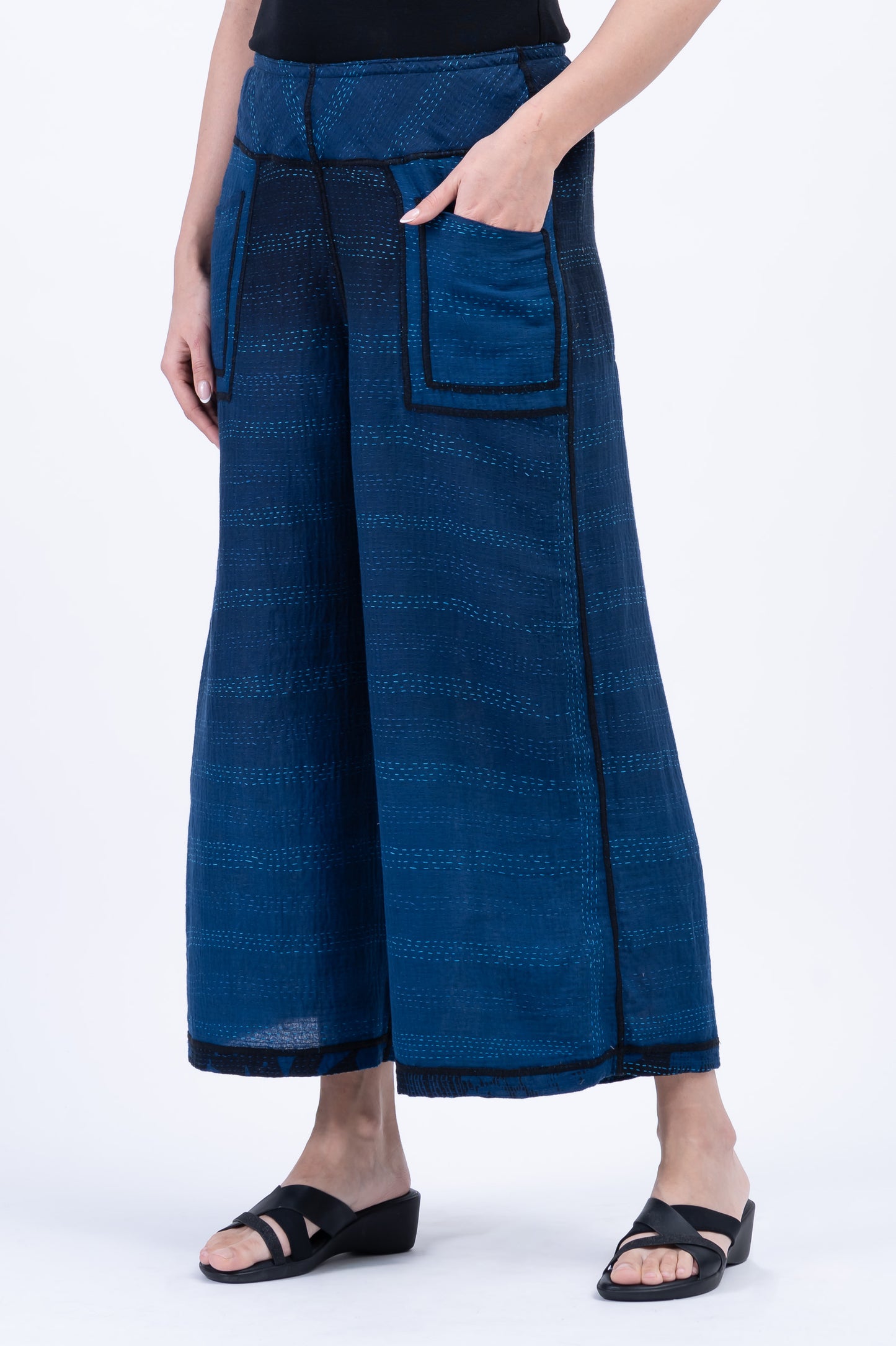 MONOTONE TWILIGHT PRINT KANTHA MID RISE WIDE LEG PANTS - tp2665-nvy -
