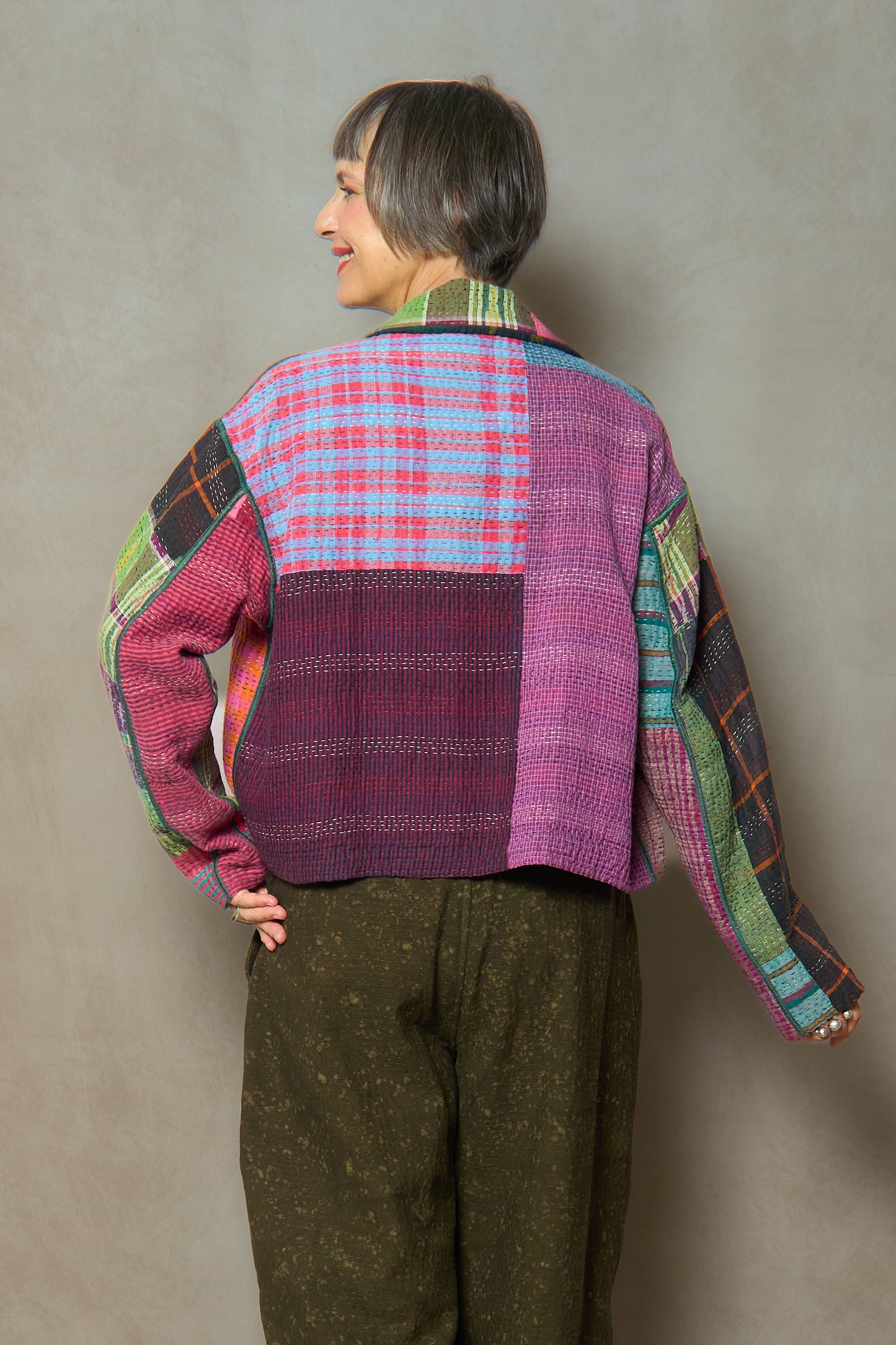 FLOWER PRINT WITH CHECKERED PATCH NEW LAPELED SHORT JACKET - fc4j101-blk -