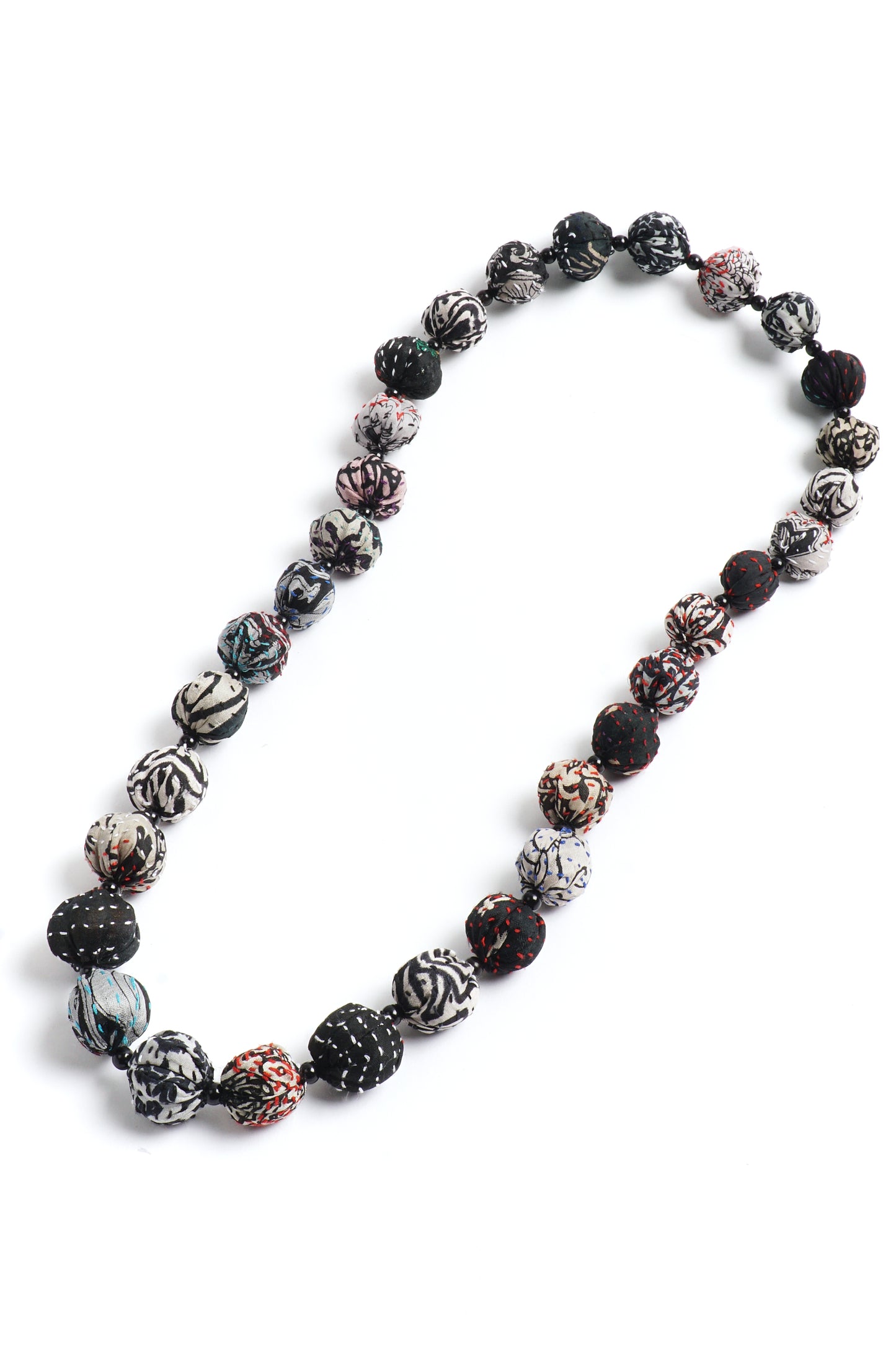 VINTAGE SILK KANTHA SMALL NUTS MEDIUM NECKLACE - sv2705-blk -