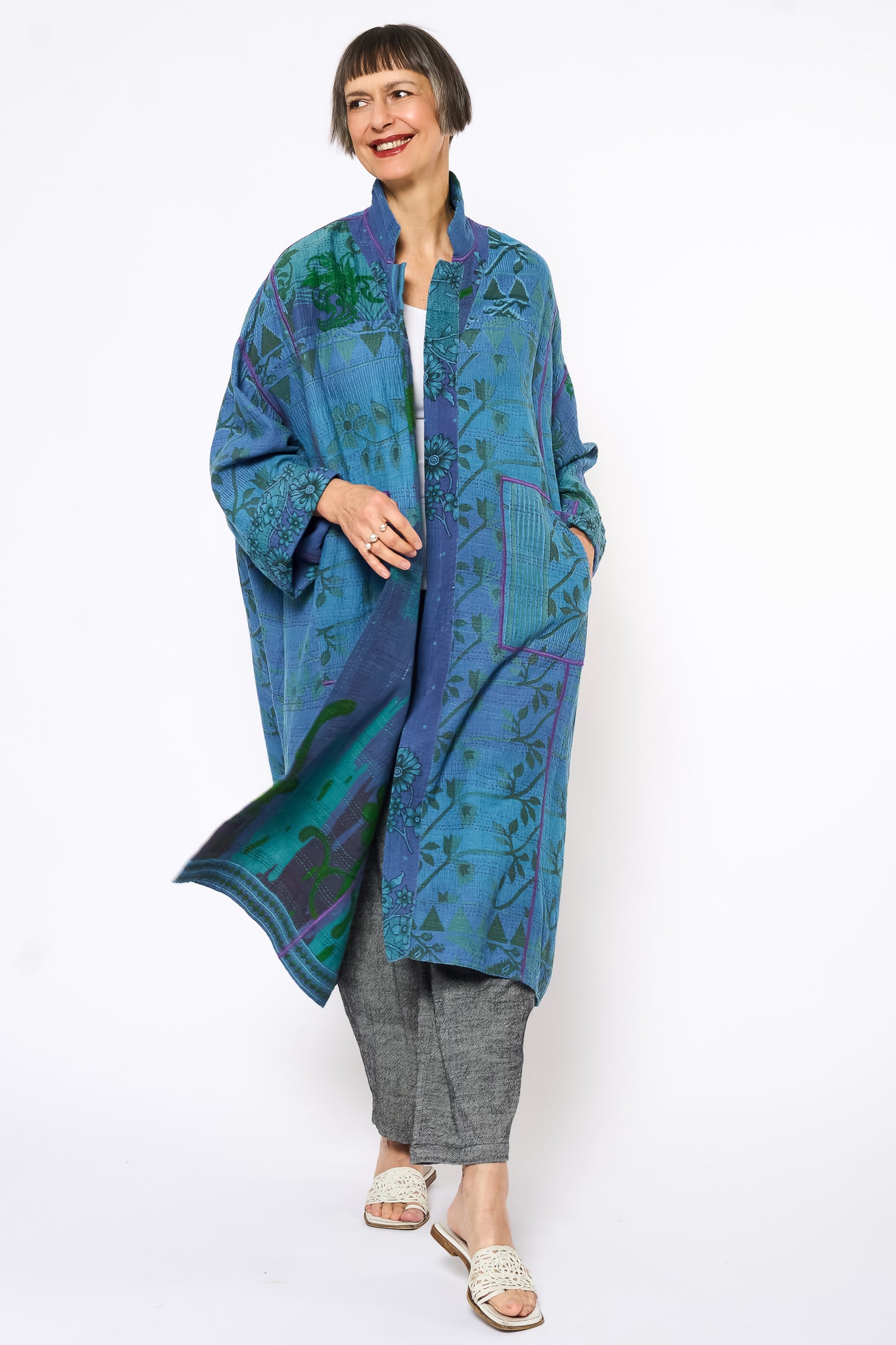 COTTON OVERDYE KANTHA NEW OVERSIZED COAT - ov2342-cblu001a -