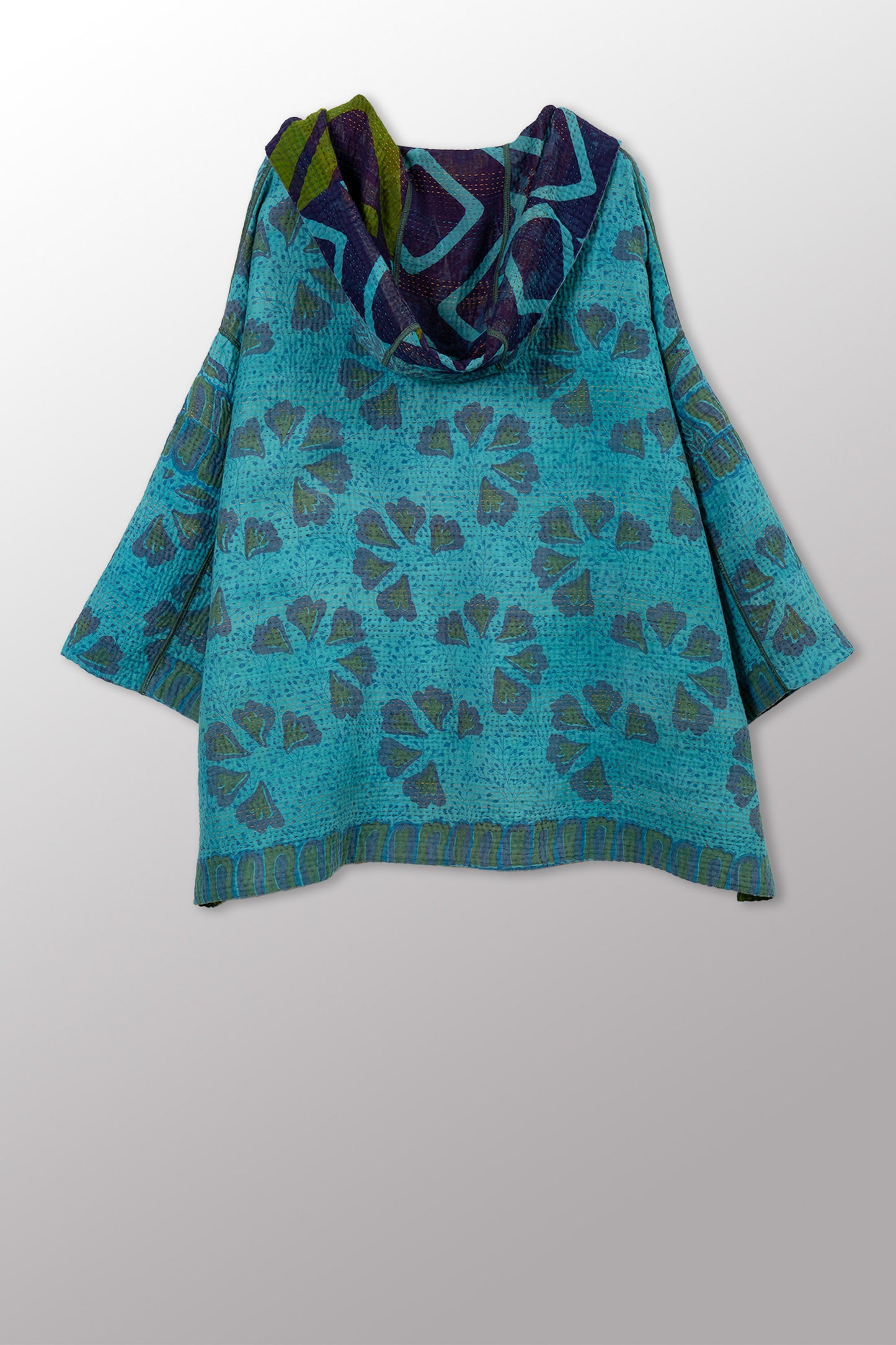 COTTON OVERDYE KANTHA HOODIE PONCHO - ov4064-ctuq001a -