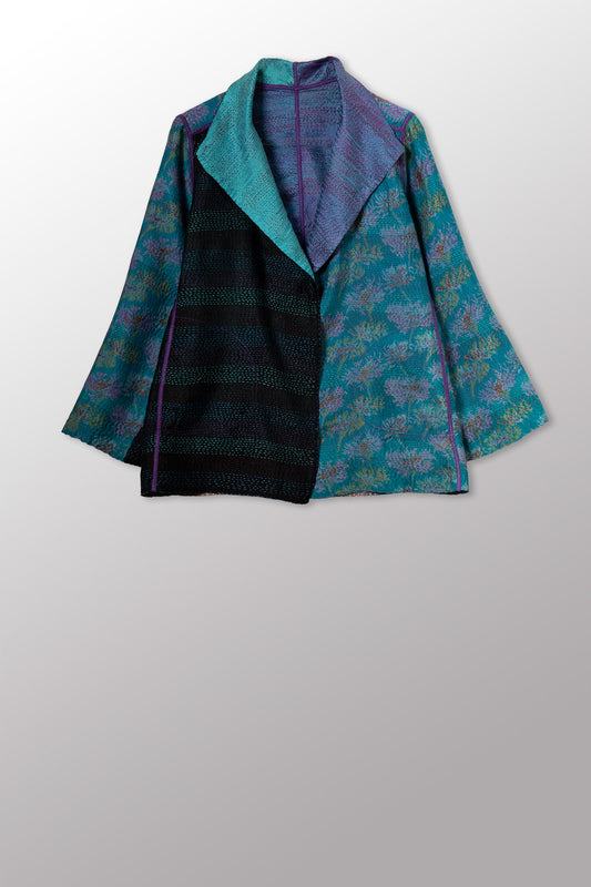 GEORGETTE JACQUARD VINTAGE SILK PATCH KANTHA SHORT JACKET - gj2007-0006s -