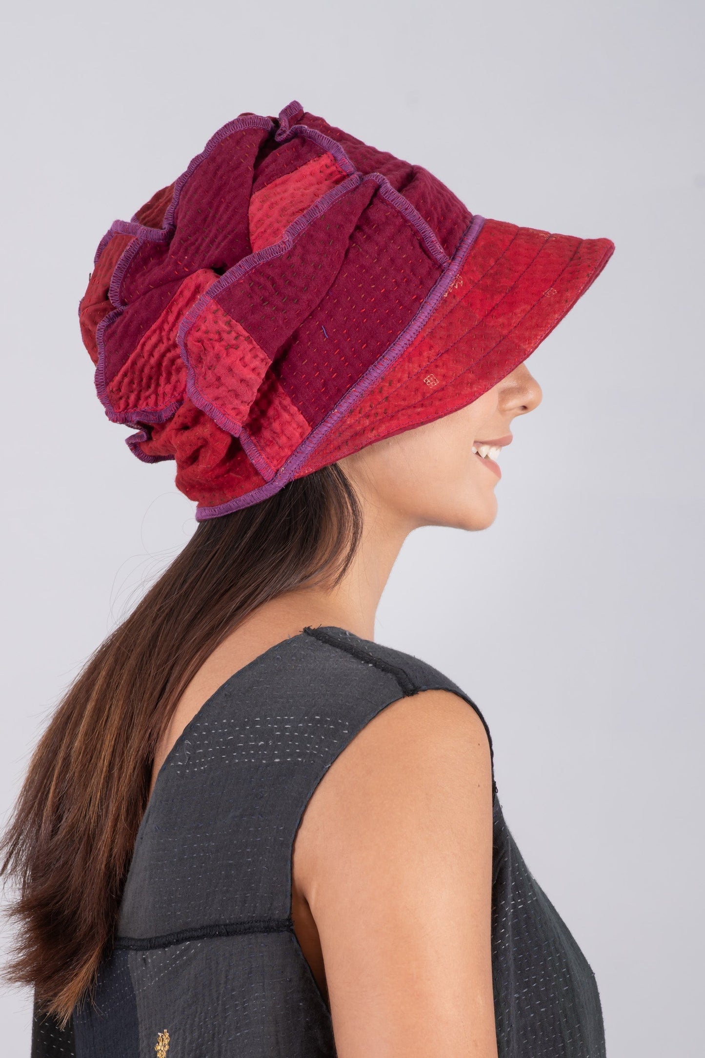 JAIPUR PATCH KANTHA HALF BRIM HAT - jp4881-red -