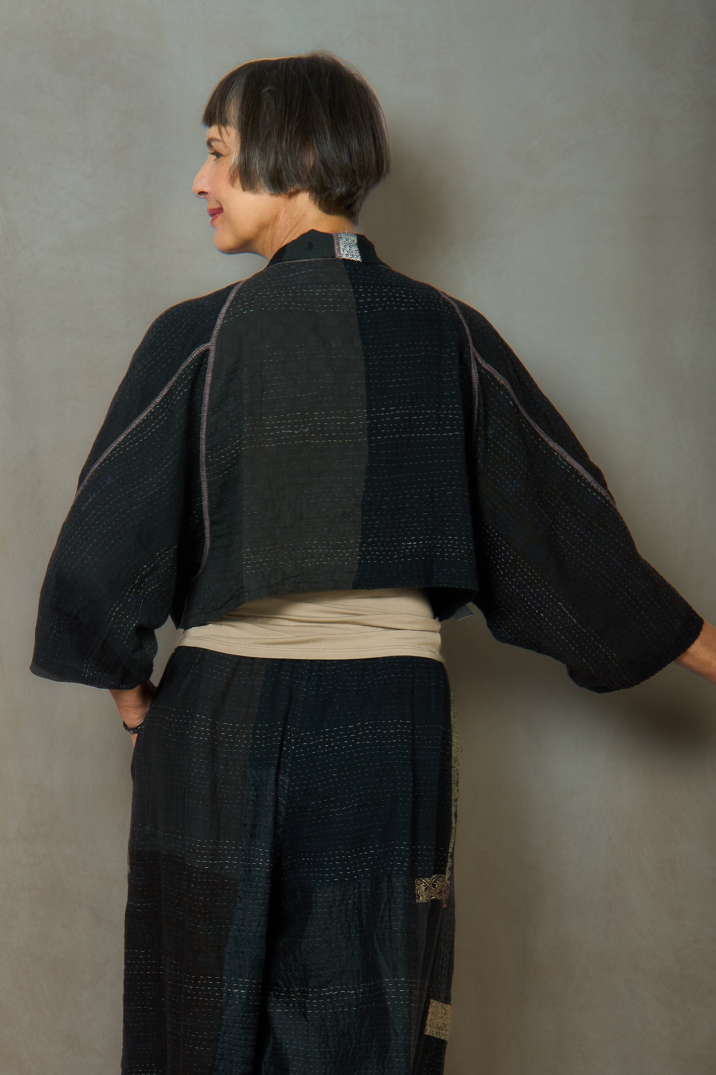 COTTON SILK SW PATCH KANTHA PUFF SLV. SHRUG - ws2062-blk -