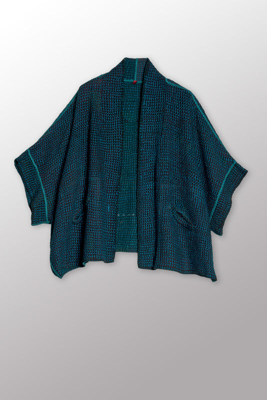 WOOL WAFFLE KANTHA MINI PONCHO - ww3060-tel -