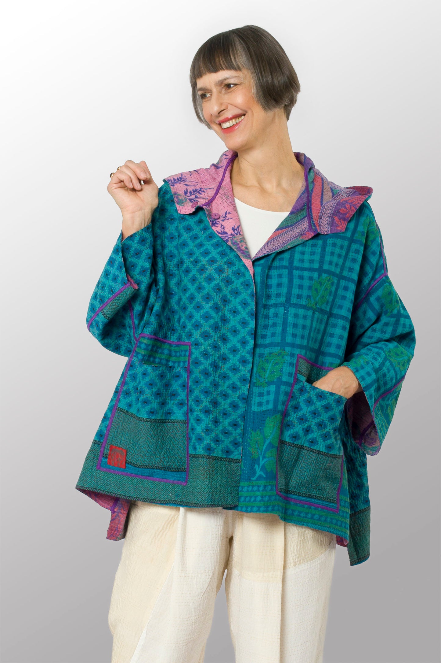 COTTON OVERDYE KANTHA HOODIE PONCHO - ov2064-ctel001a -